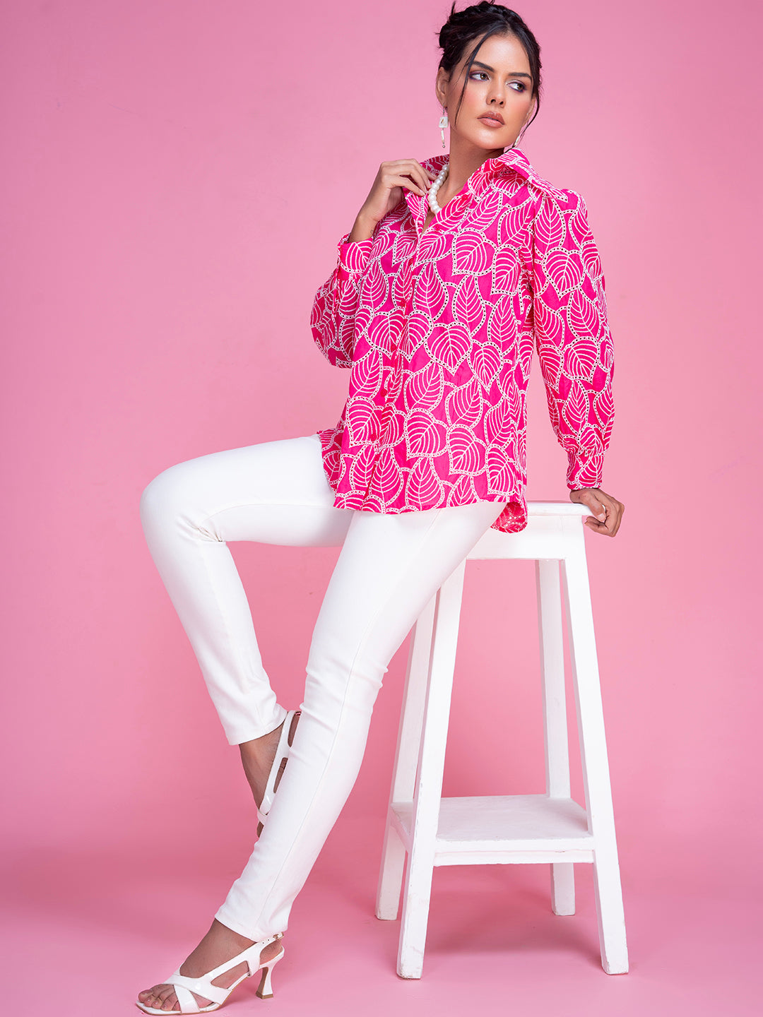 Pink cotton shirt styled buttoned full length