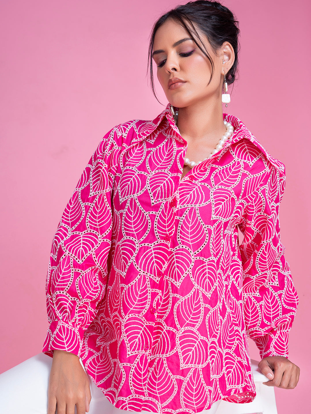 Pink schiffli cotton shirt sleeve and cuff detail