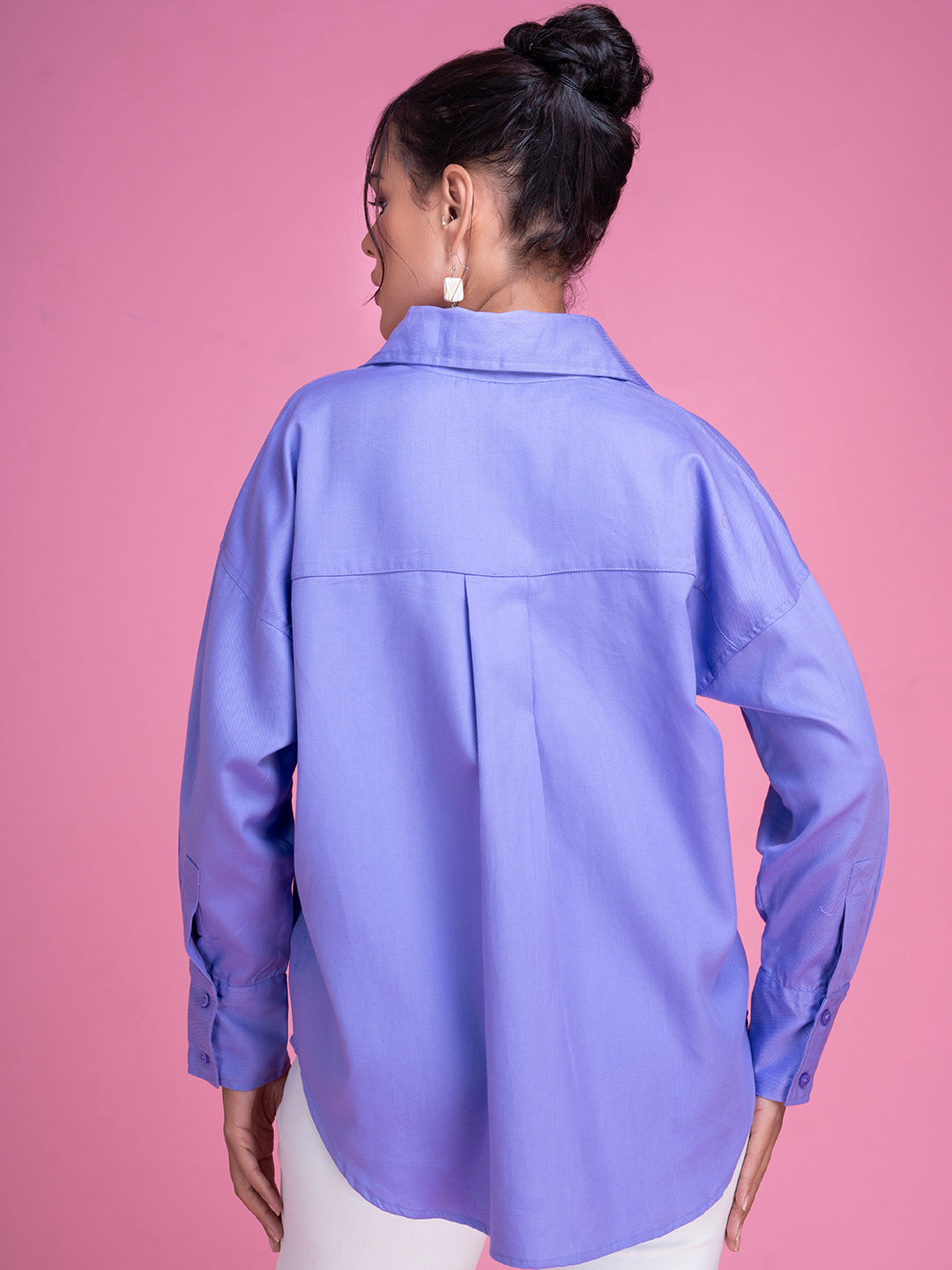Side view of oversized purple cotton twill shirt