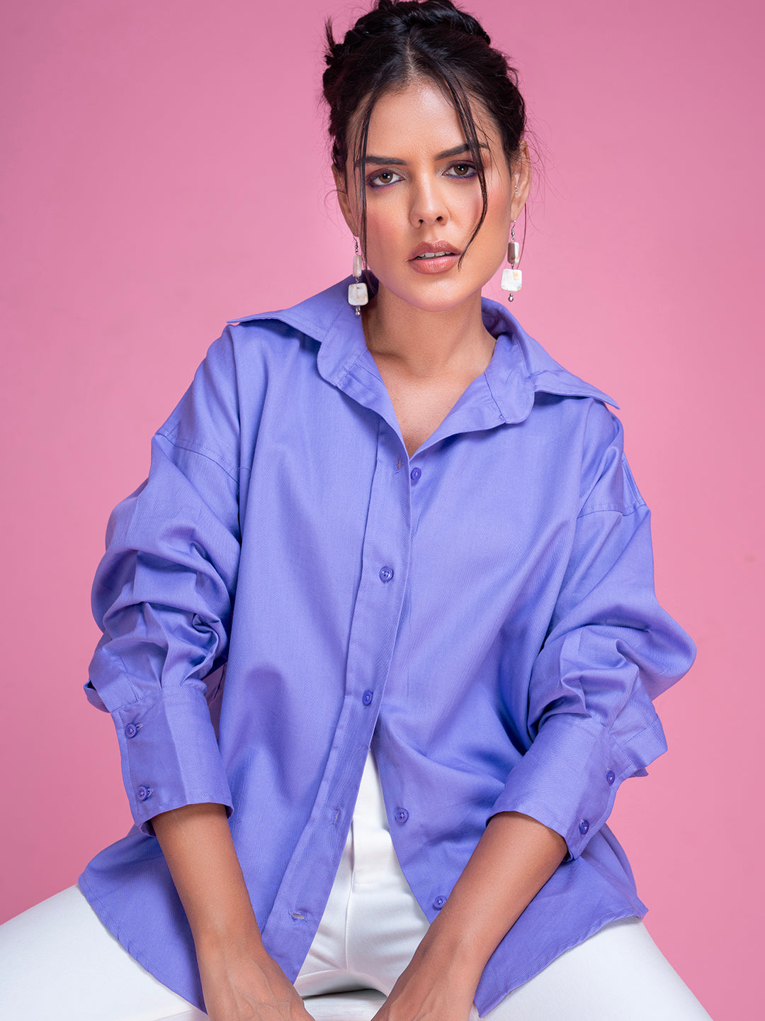 Front view of purple twill cotton oversized shirt for women