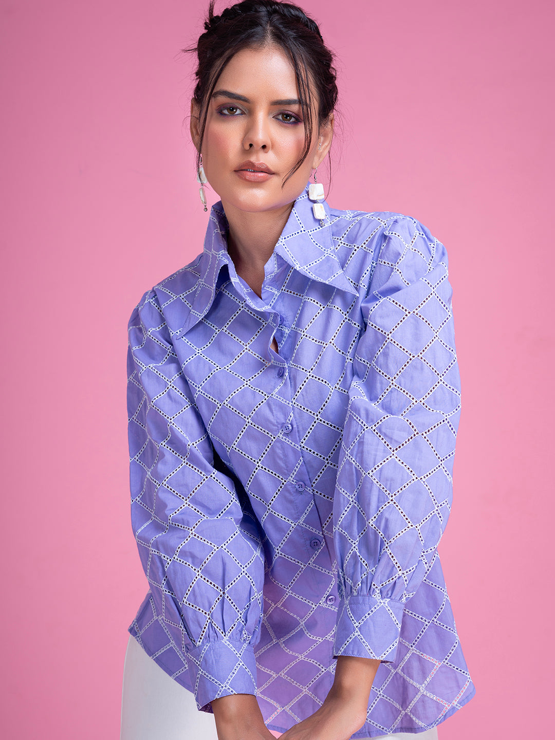 Front view of purple schiffli embroidered cotton shirt for women