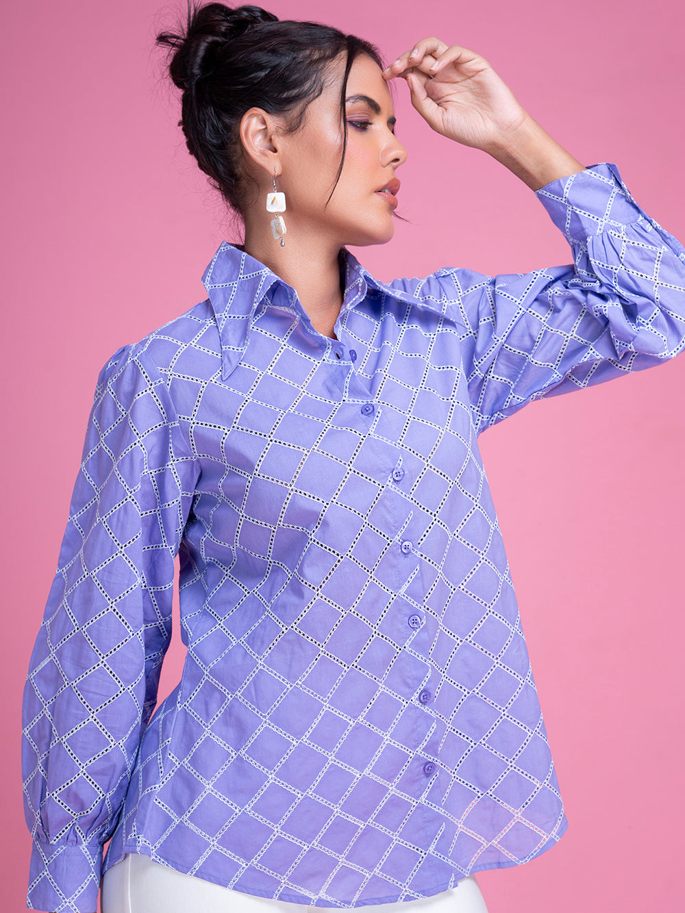 Side view of purple schiffli cotton shirt