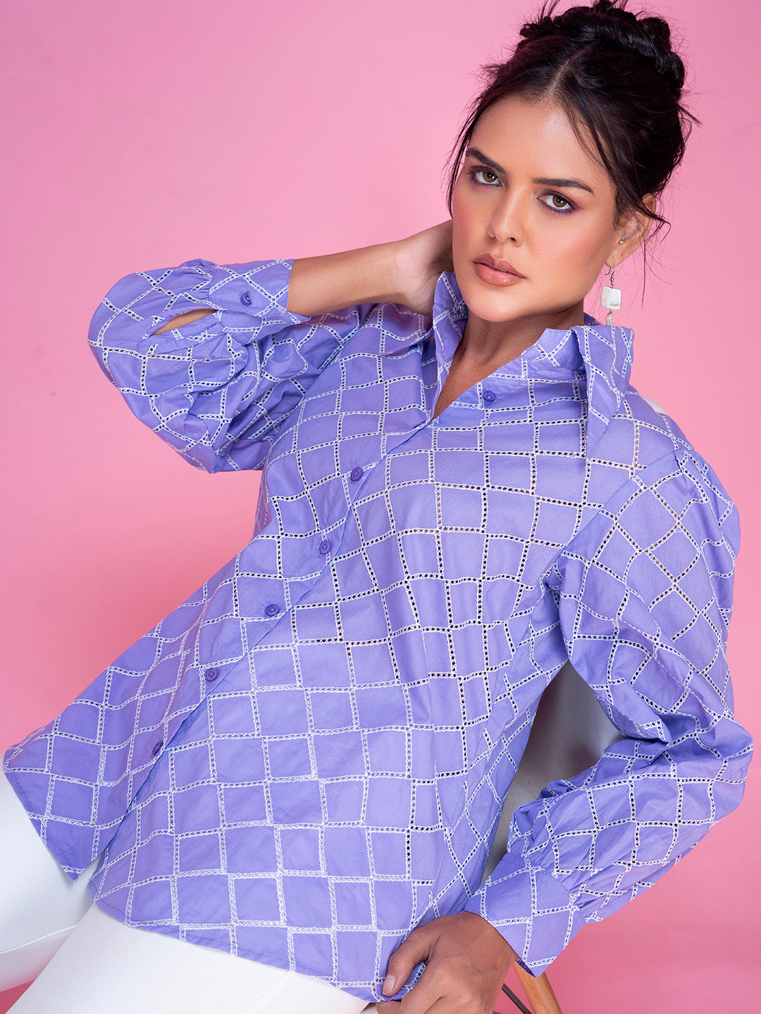 Purple cotton shirt styled buttoned full length