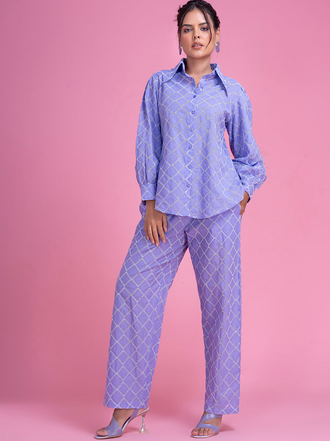 Front view of purple Schiffli embroidered cotton co-ord set