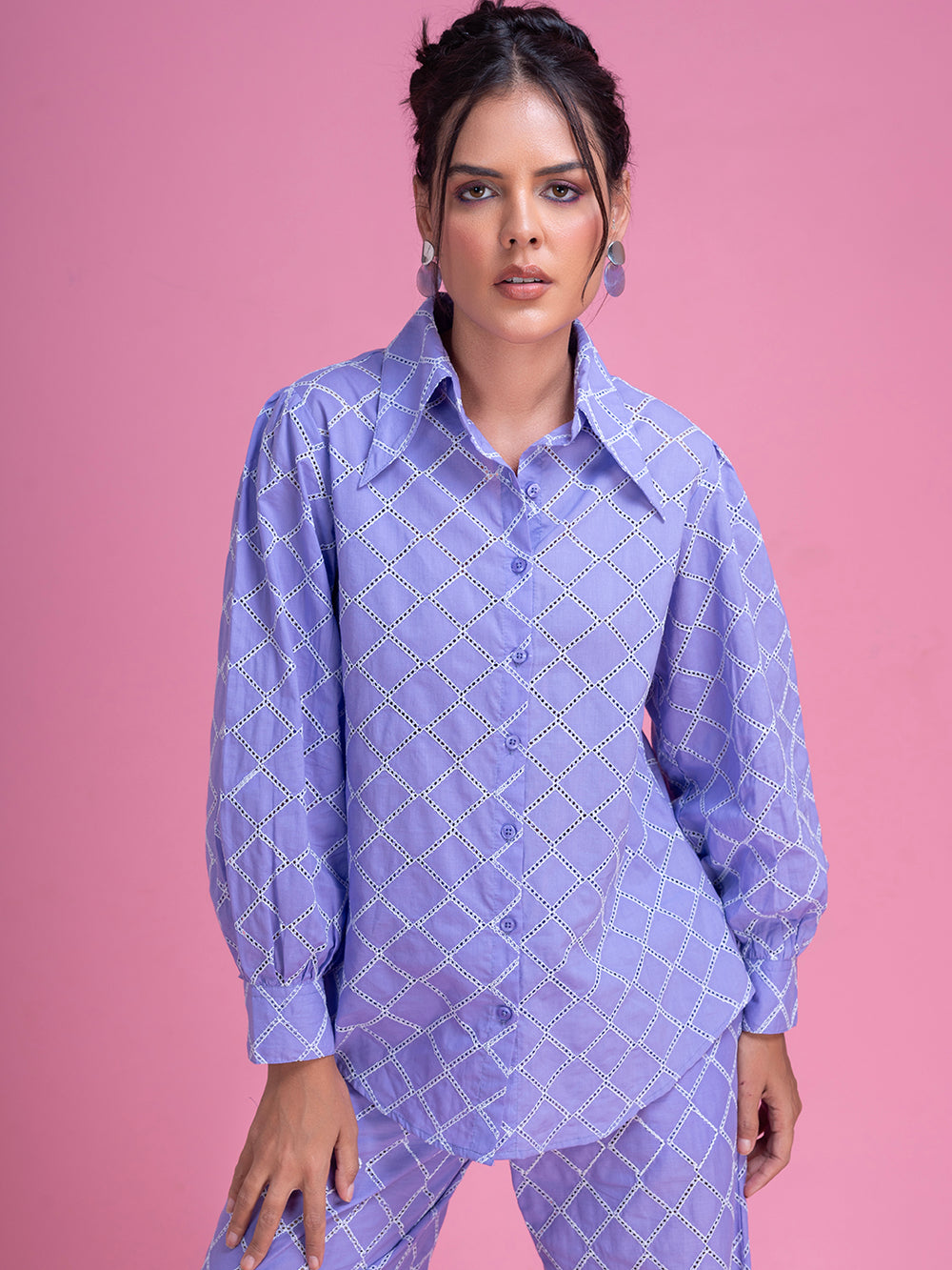 Side view of purple cotton Schiffli co-ord set