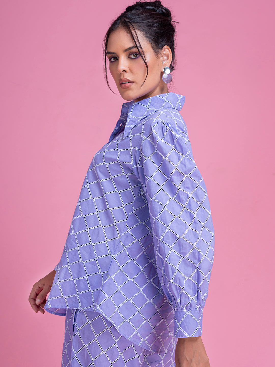 Lifestyle shot of model in purple Schiffli co-ord set