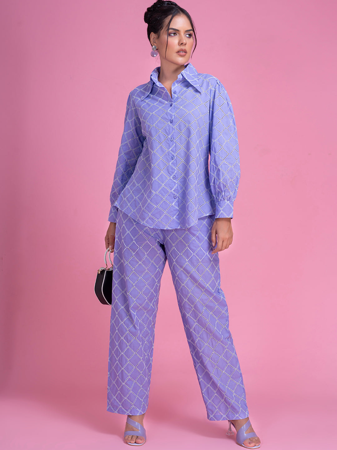Purple Schiffli embroidered co-ord styled with sandals