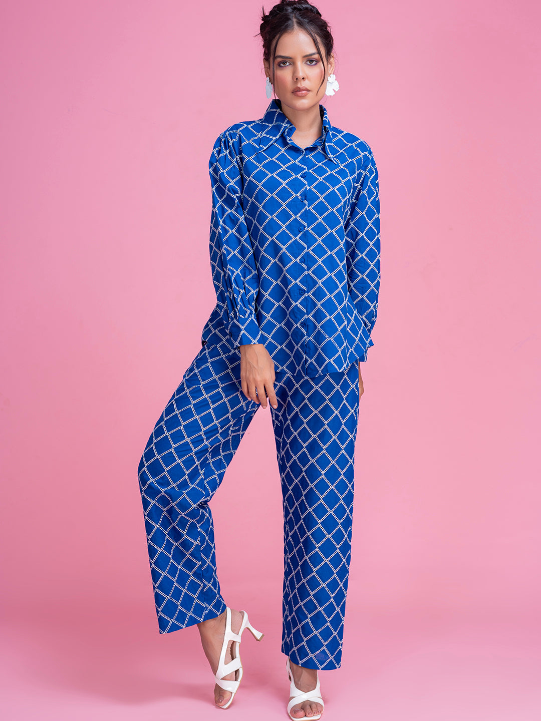 Front view of navy Schiffli embroidered cotton co-ord set