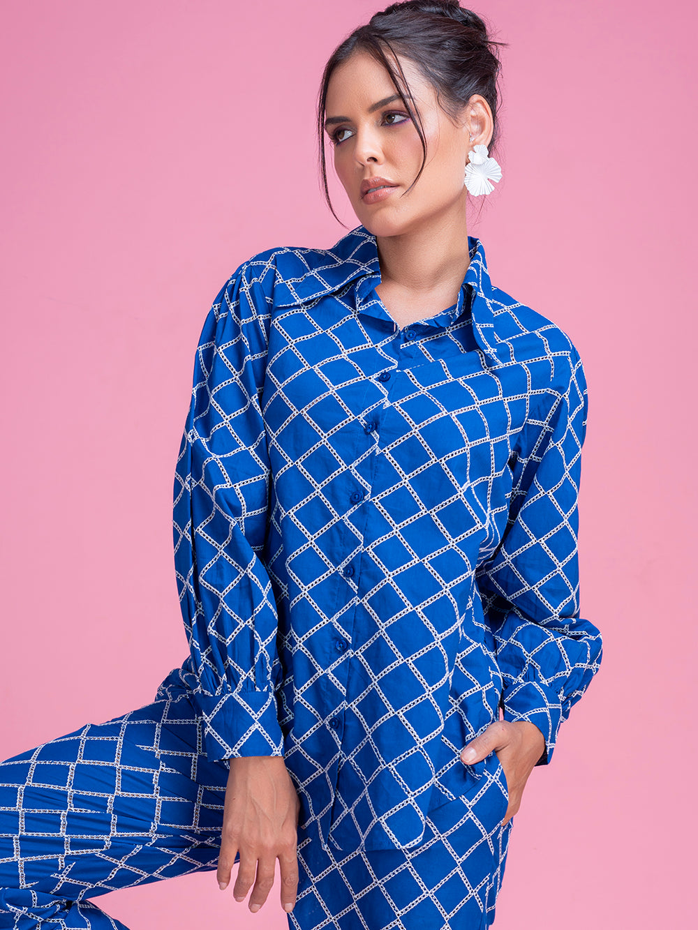 Side view of navy cotton Schiffli co-ord set