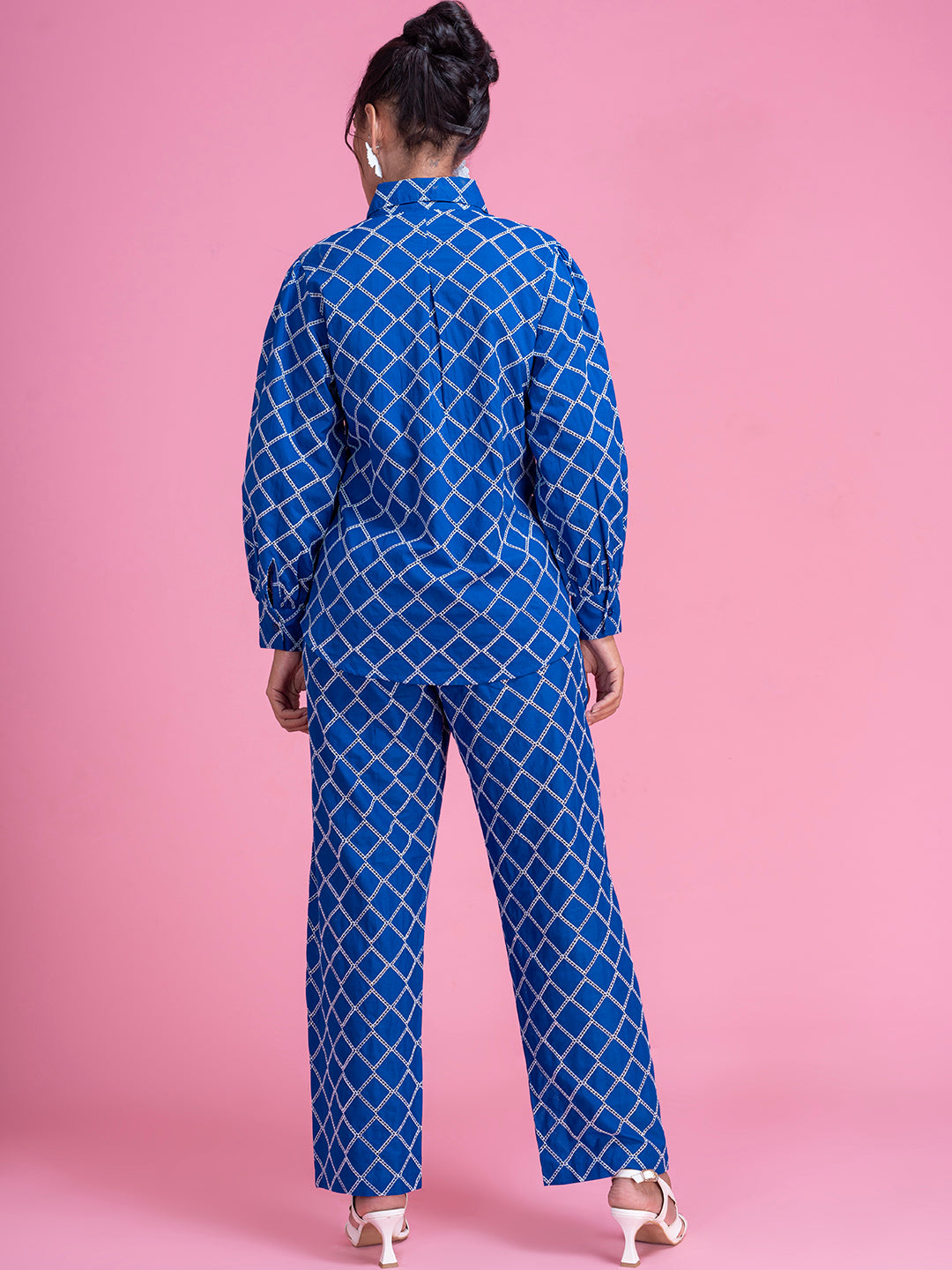 Navy Schiffli embroidered co-ord styled with white sandals