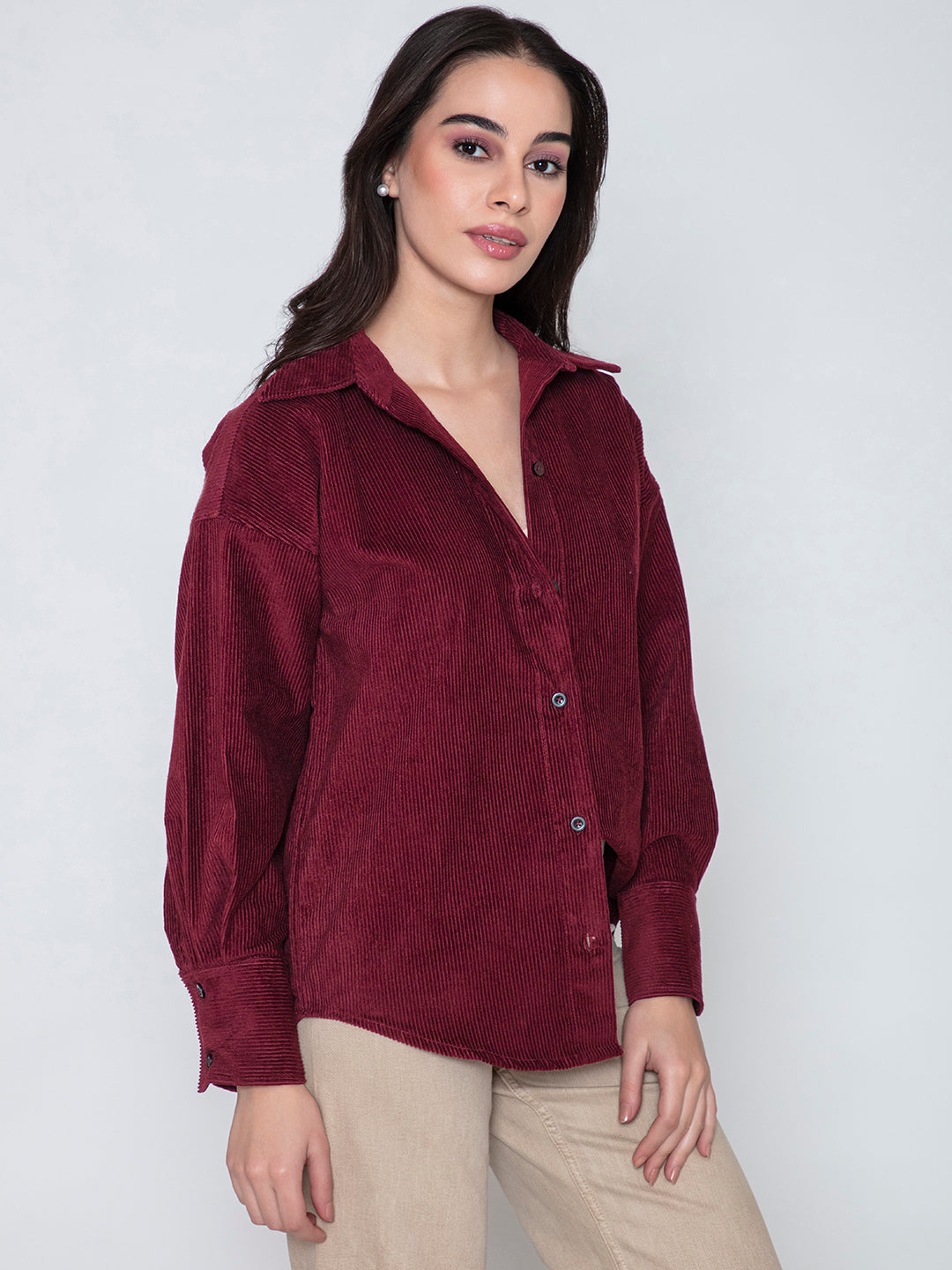 Back view of maroon oversized corduroy shirt