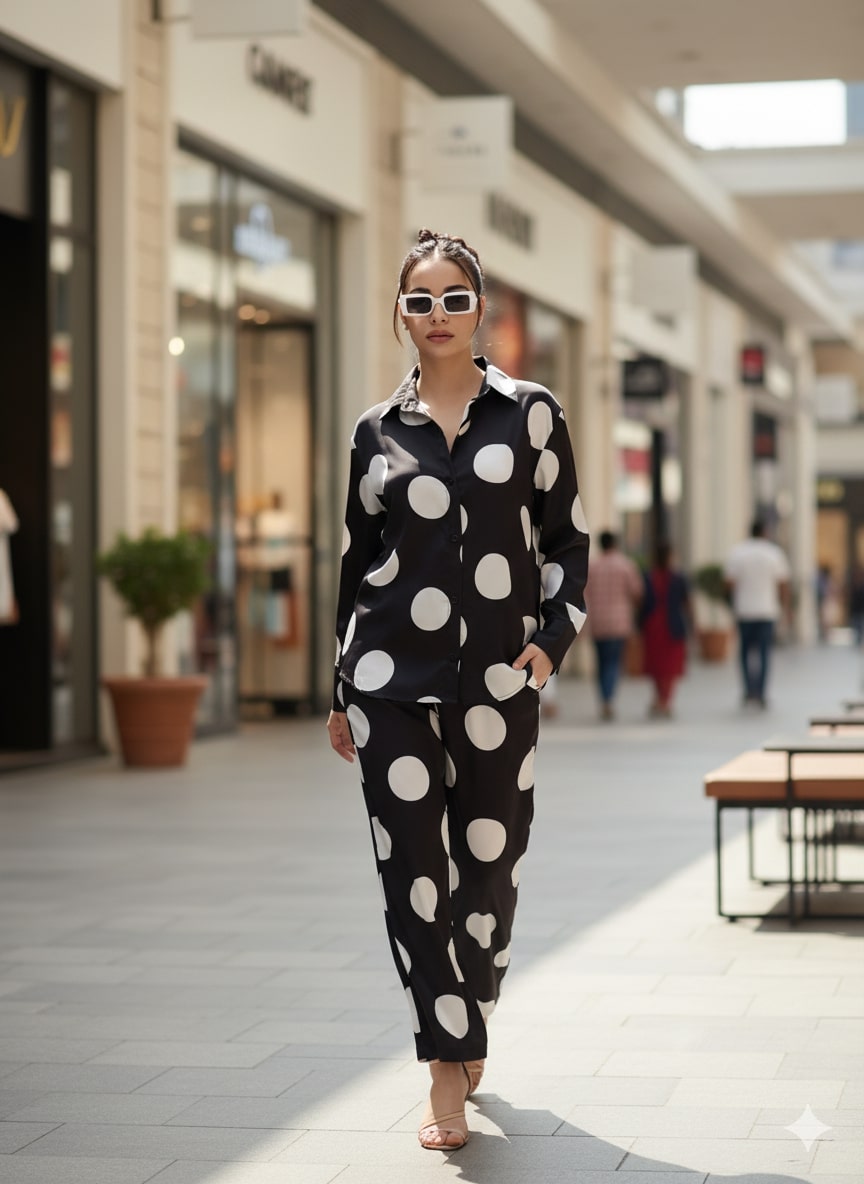 Front view of polka dot satin co-ord set for women