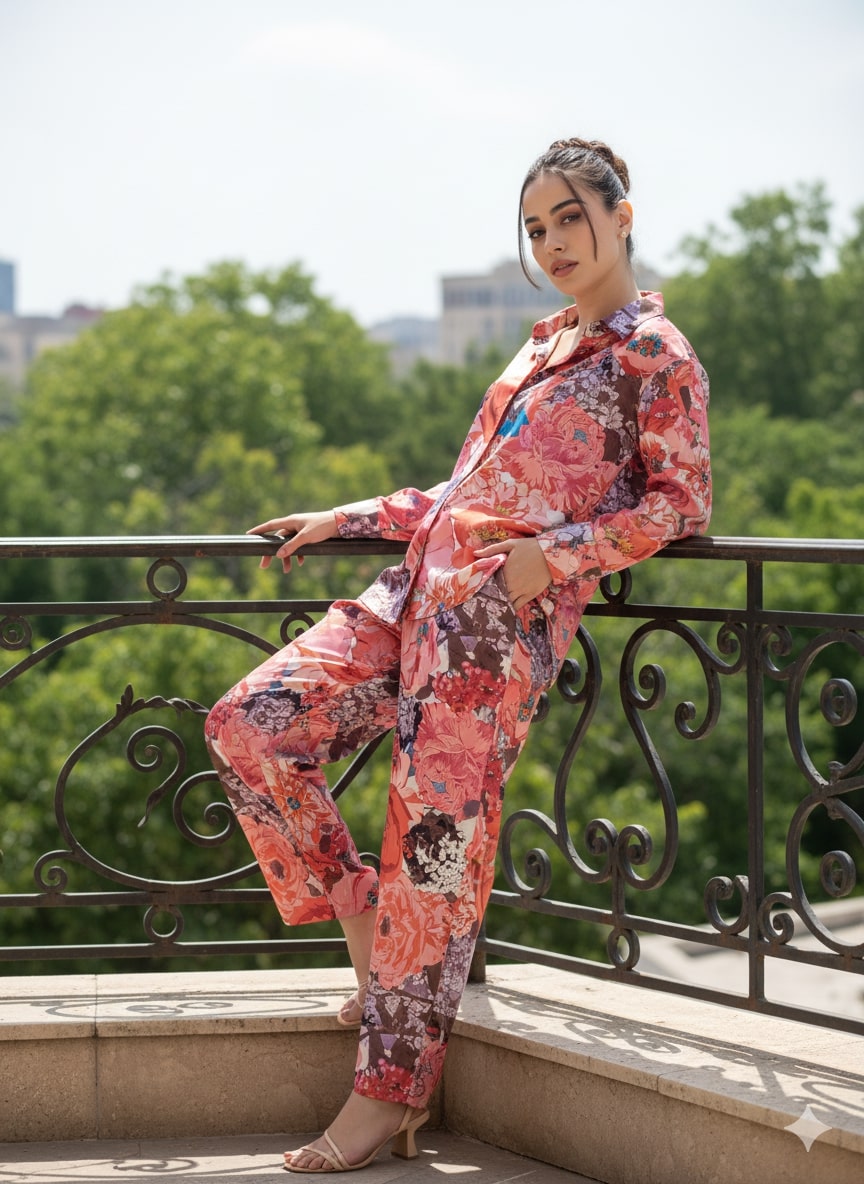 Pink and orange floral satin co-ord set lifestyle shot