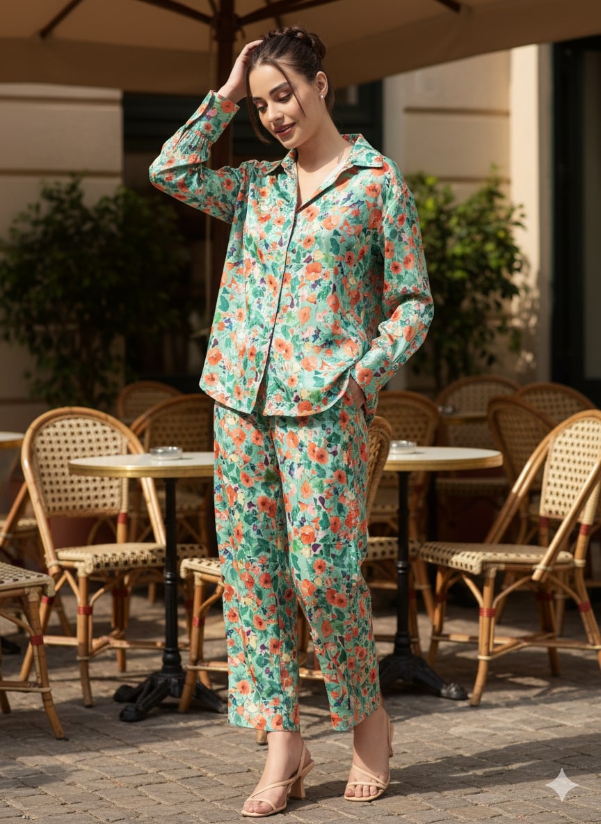 Green floral satin co-ord set lifestyle shot
