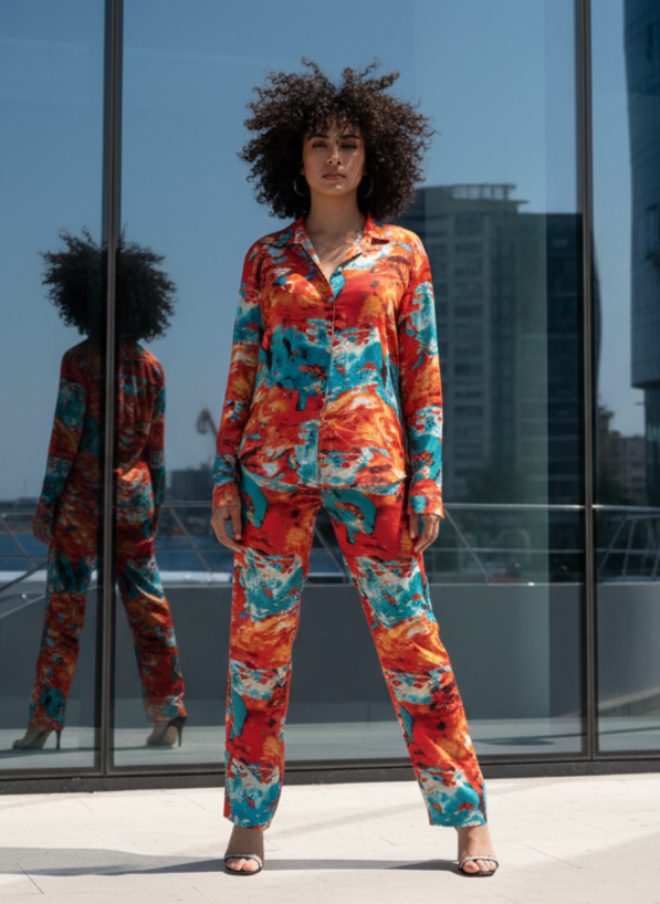 Front view of red floral print satin co-ord set for women