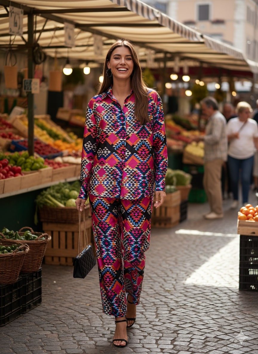 Front view of multicolor floral satin co-ord set for women