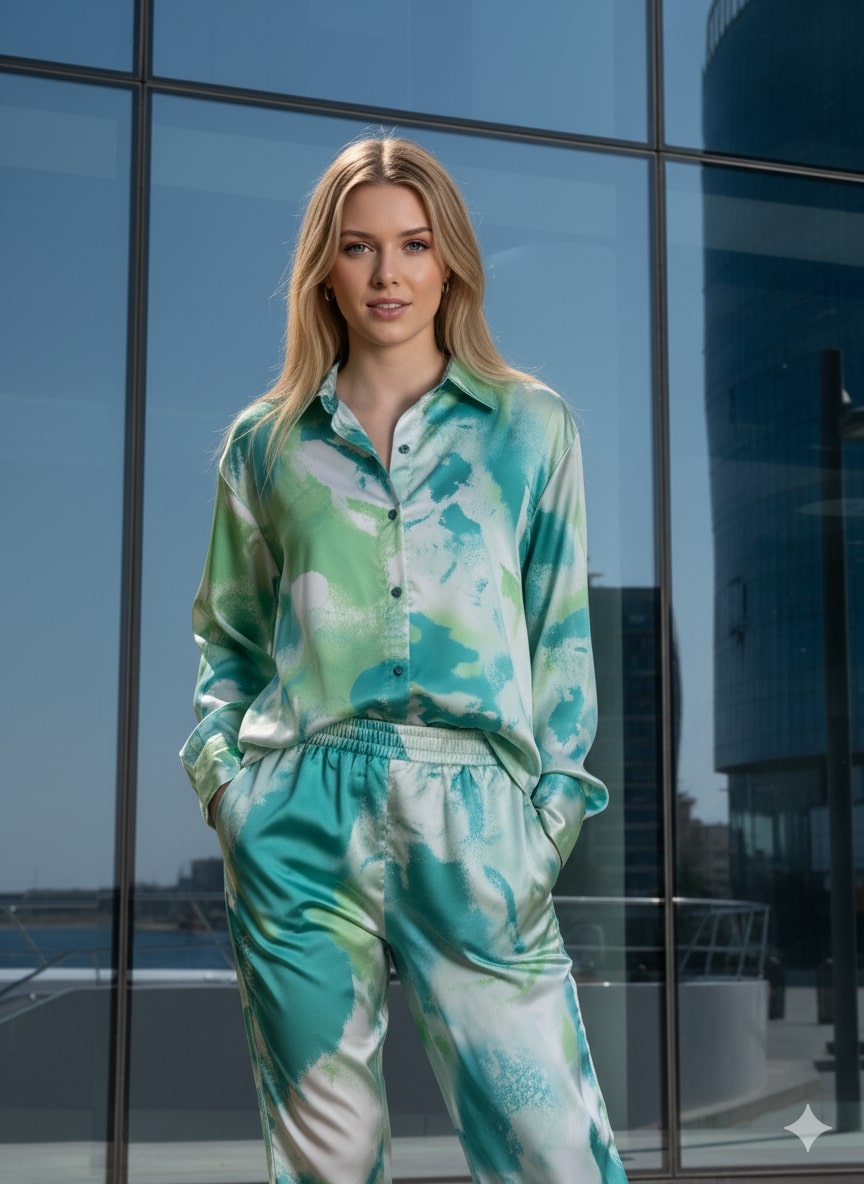 Front view of green floral print satin co-ord set for women