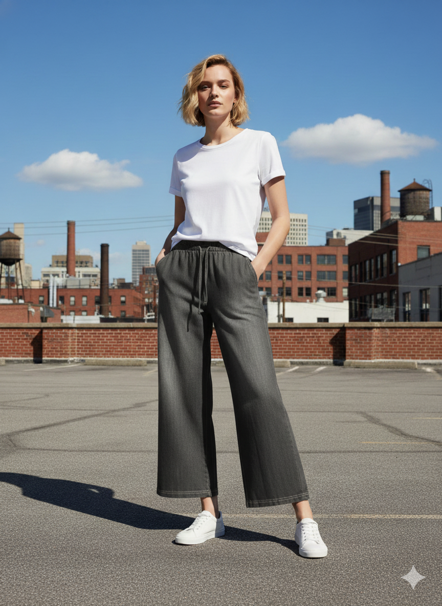 Front view of grey cotton drawstring trousers for women by LoungeDreams