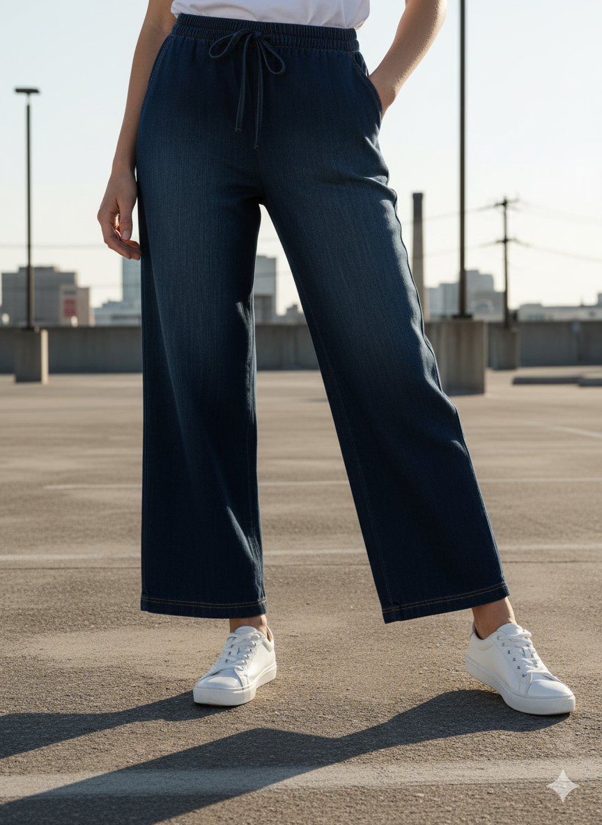 Front view of dark blue denim drawstring trousers with straight legs