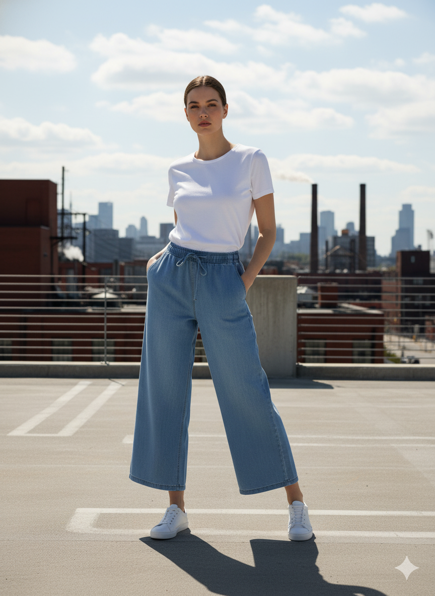 Front view of light blue denim drawstring trousers for women