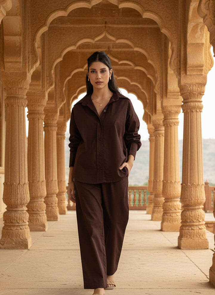 Coffee brown poplin cotton co-ord set front view for women