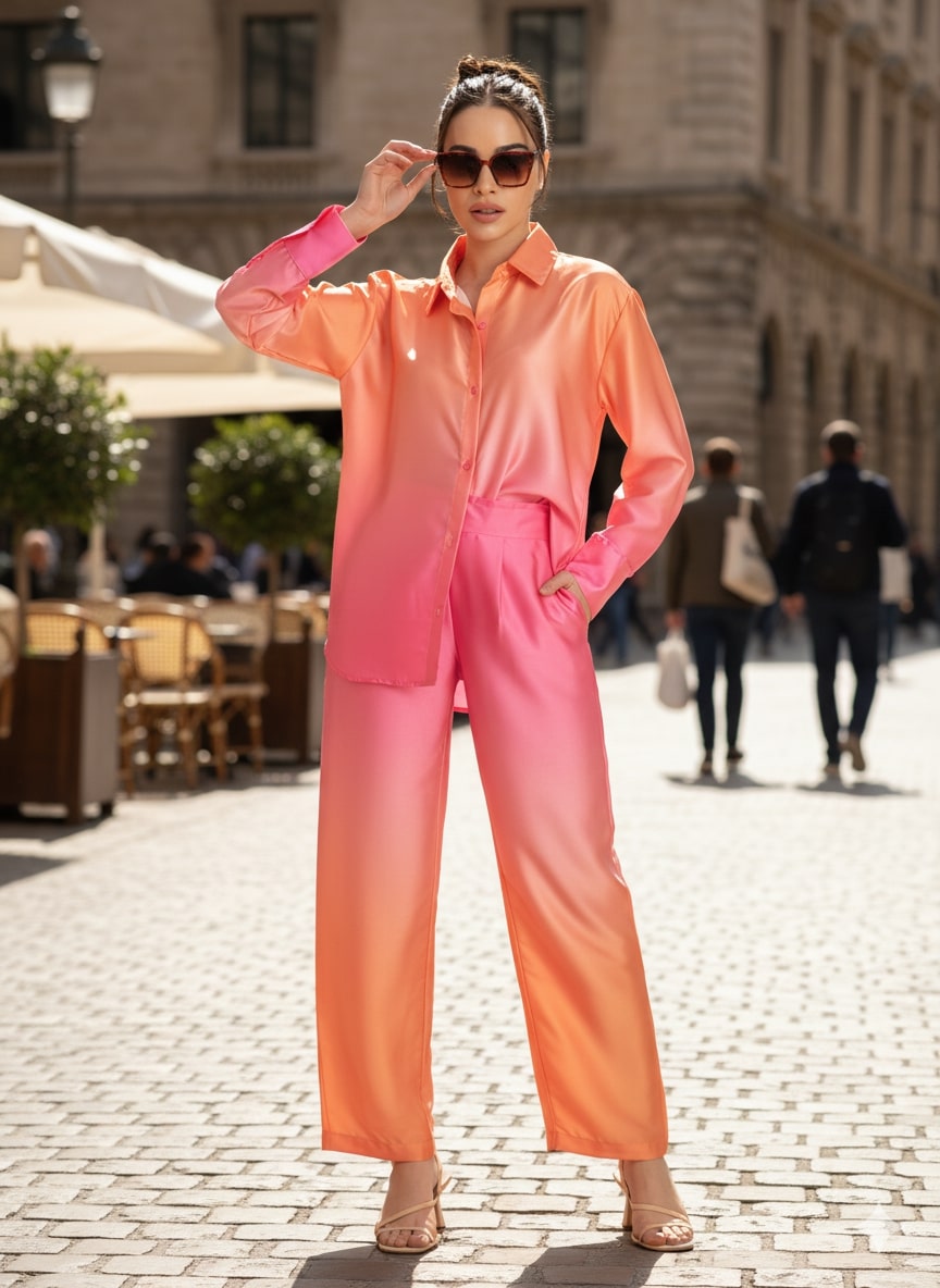 Front view of pink ombre satin co-ord set