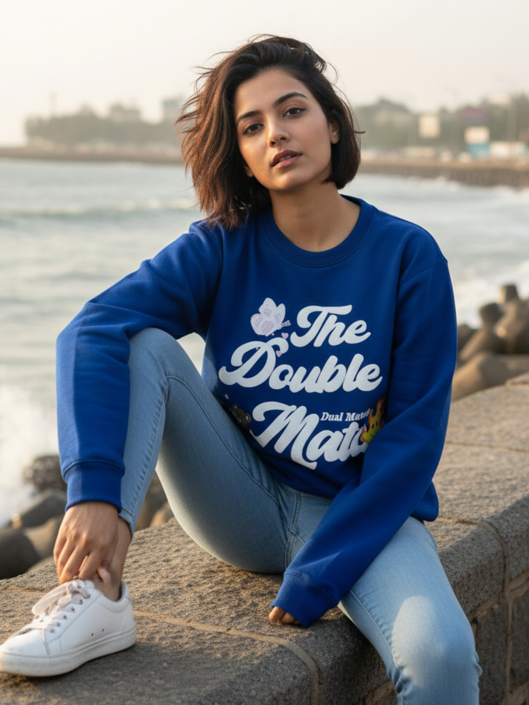 Front view of blue statement print sweatshirt for women