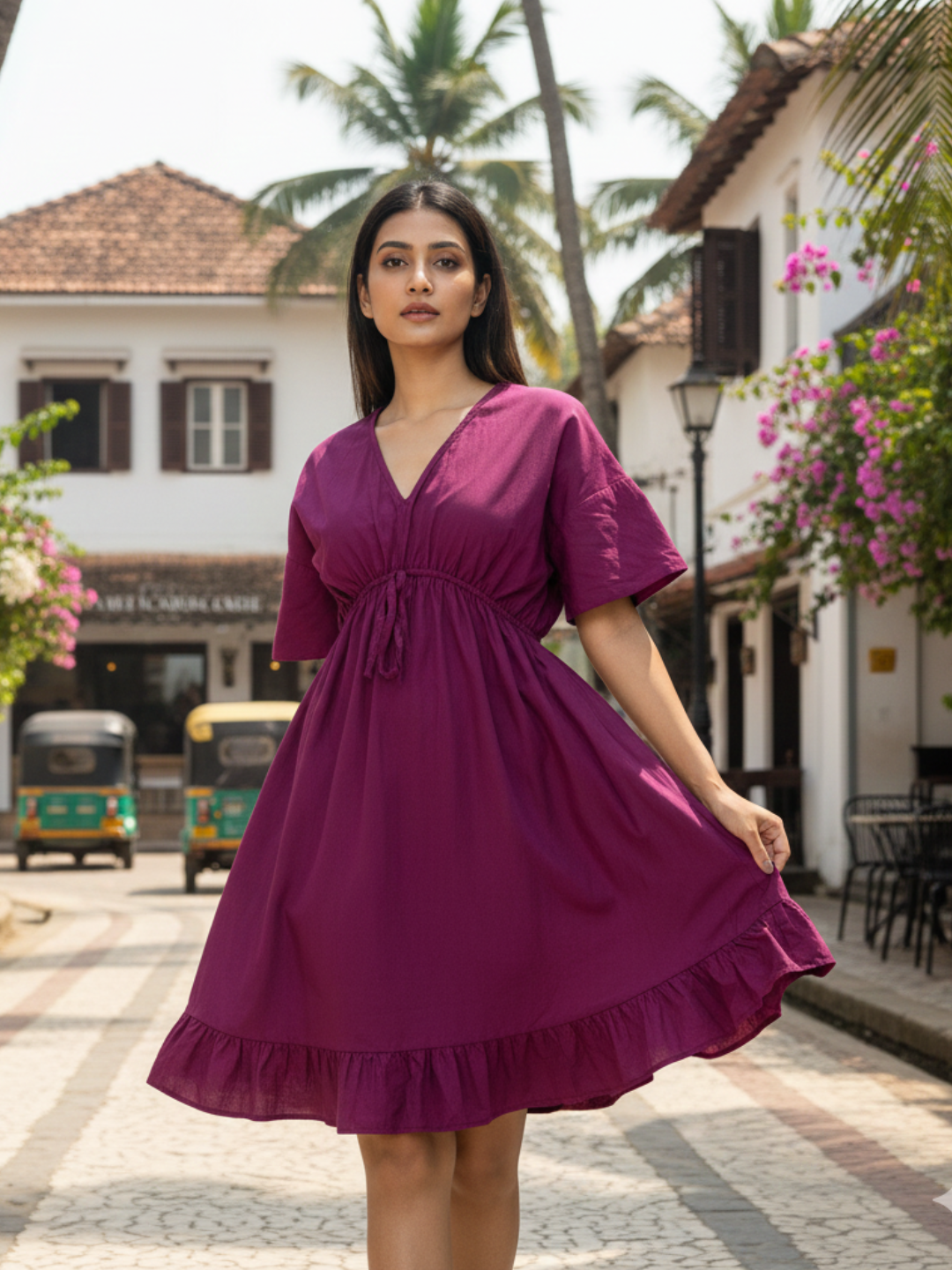 Front view of wine V-neck cotton dress for women