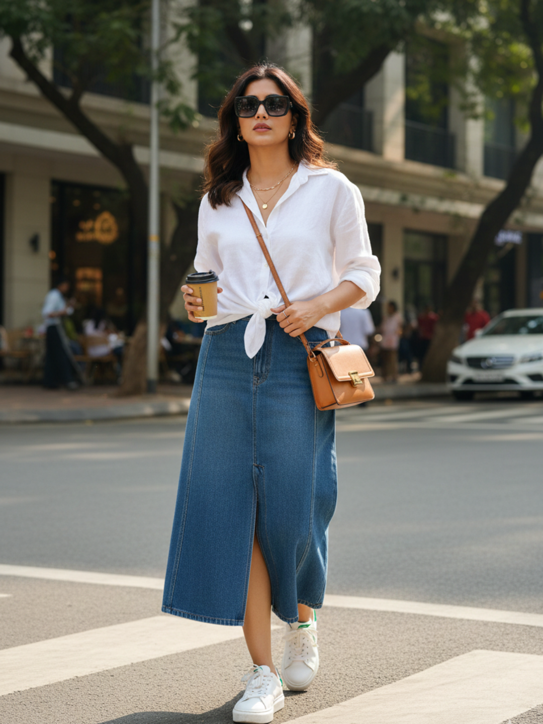 Front view of blue denim skirt for women in relaxed fit