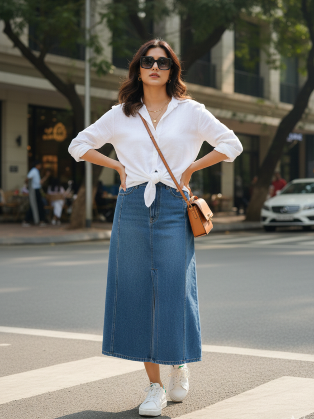 Back view of blue denim skirt with pockets