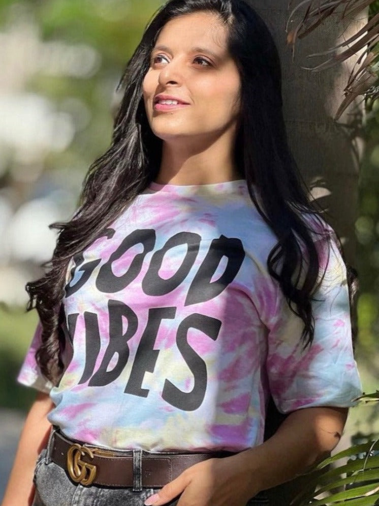Tie and dye oversized graphic t-shirt for women lifestyle shot