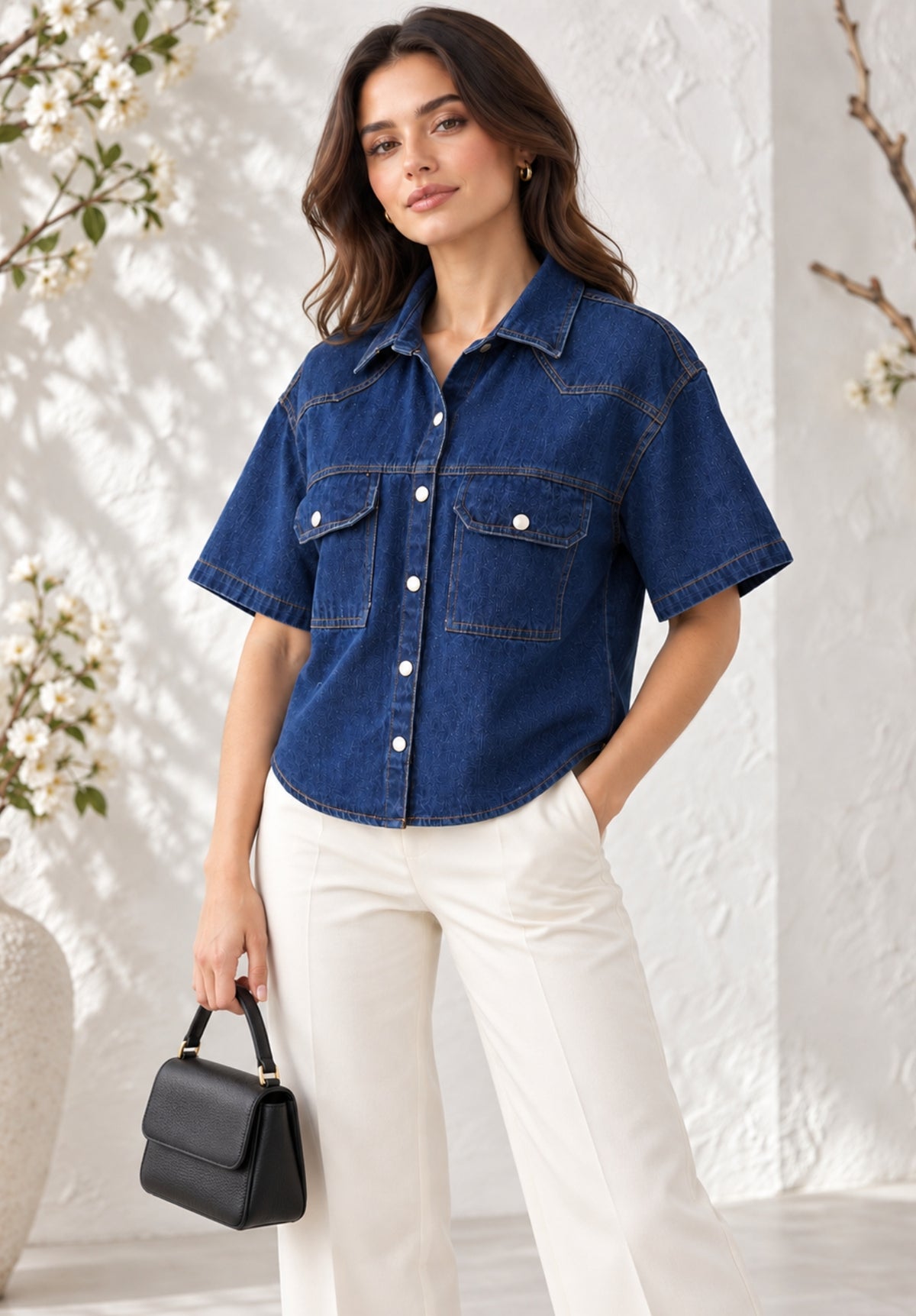 Half Sleeves Denim Crop Shirt view 1