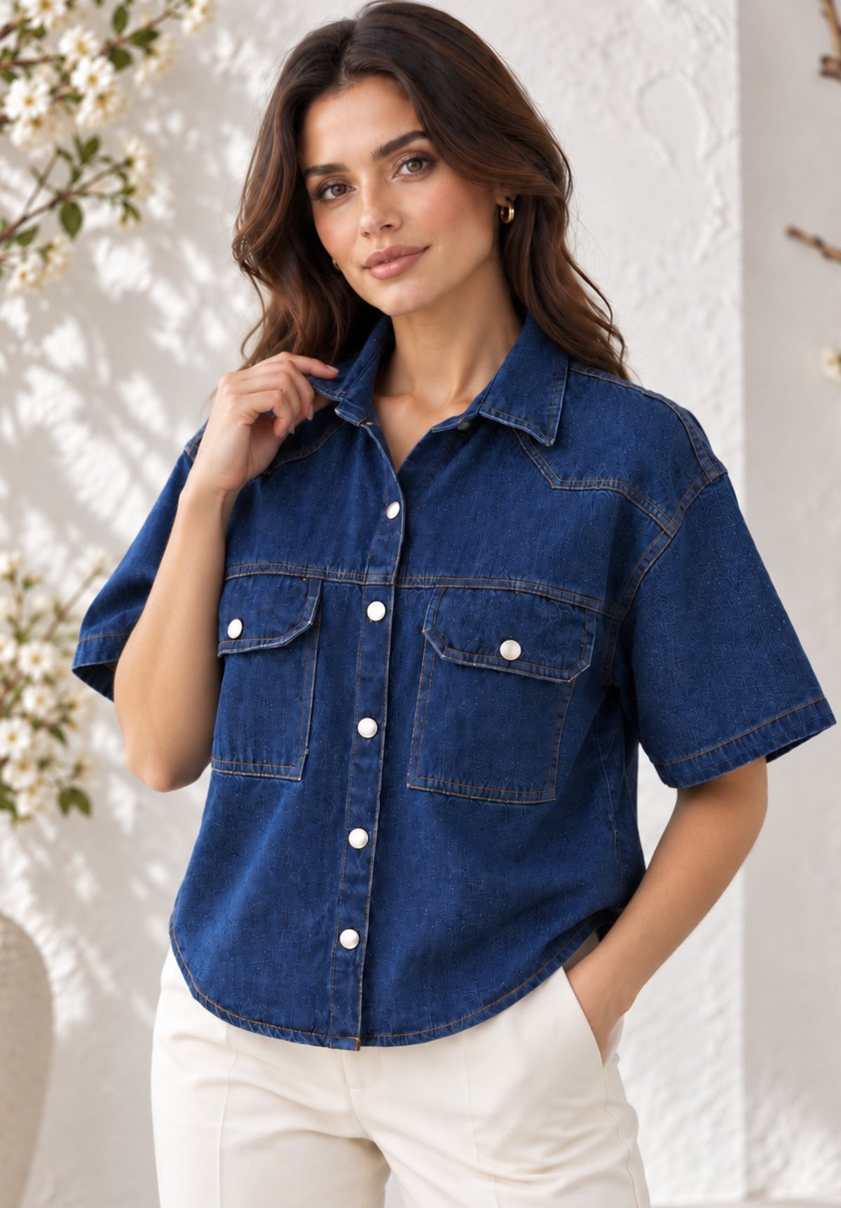 Half Sleeves Denim Crop Shirt view 2
