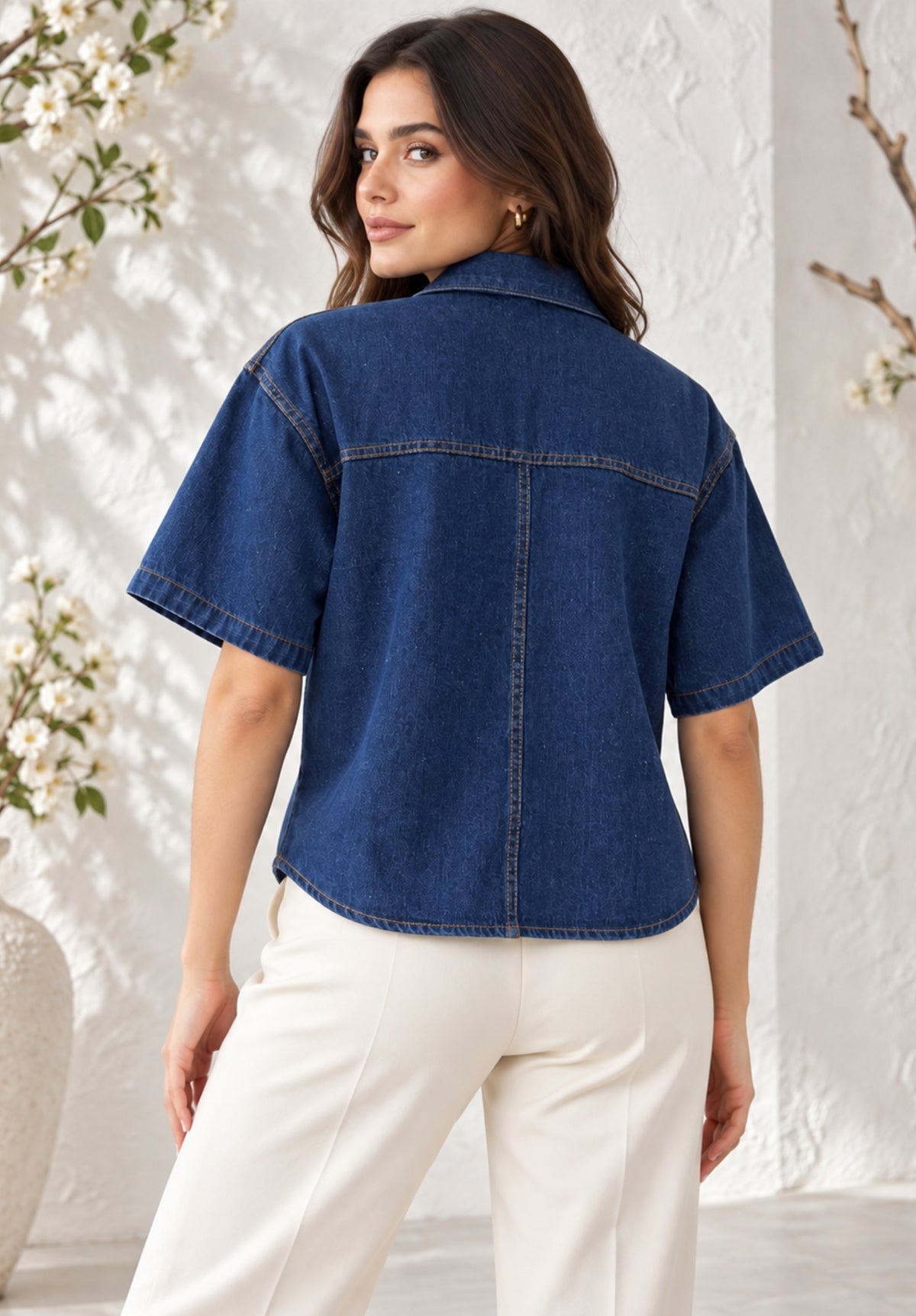 Half Sleeves Denim Crop Shirt back