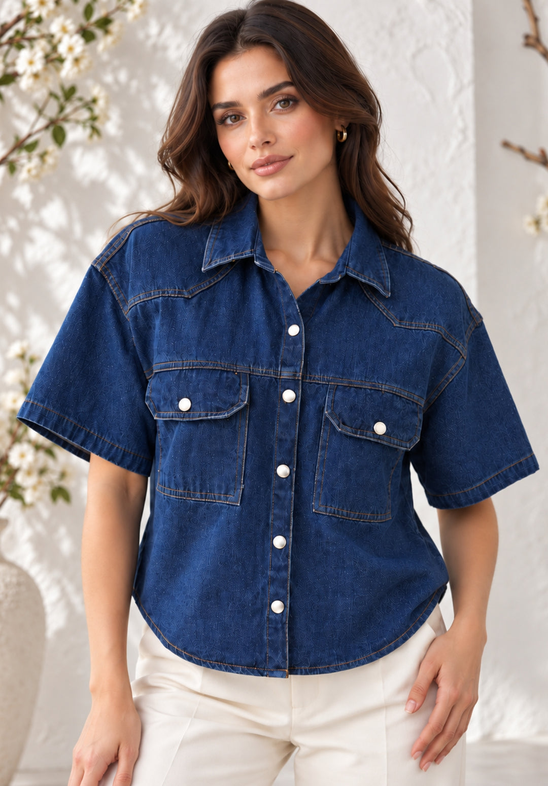 Half Sleeves Denim Crop Shirt front