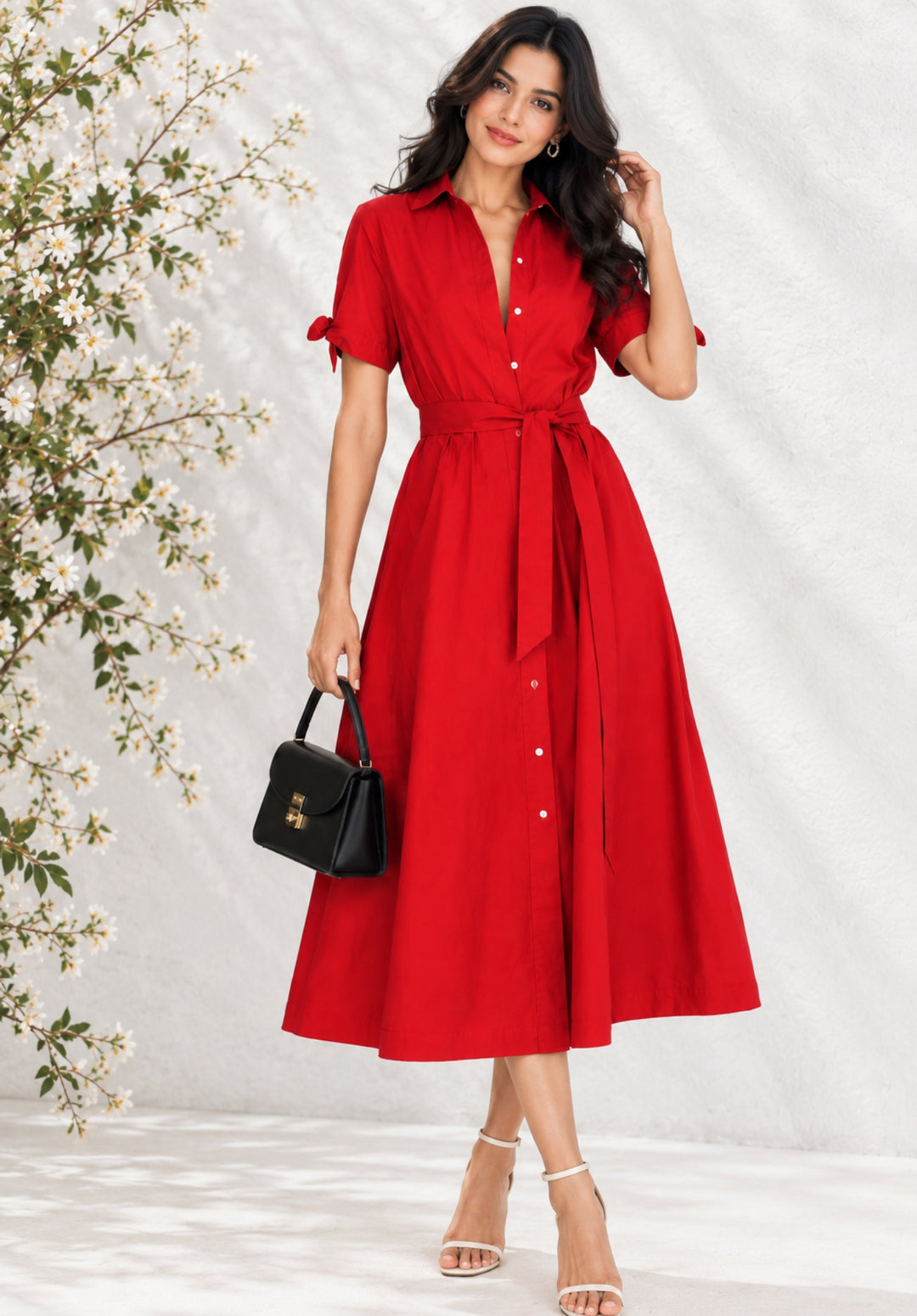 Red Poplin Shirt Dress front