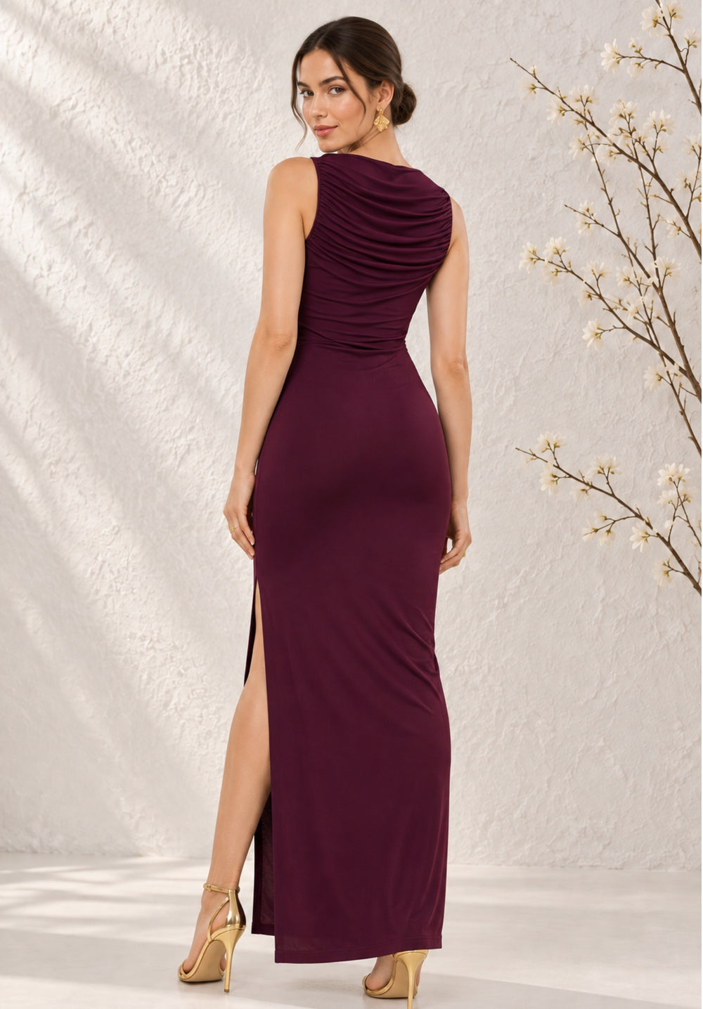 Halter Neck Bodycone Dress Wine back
