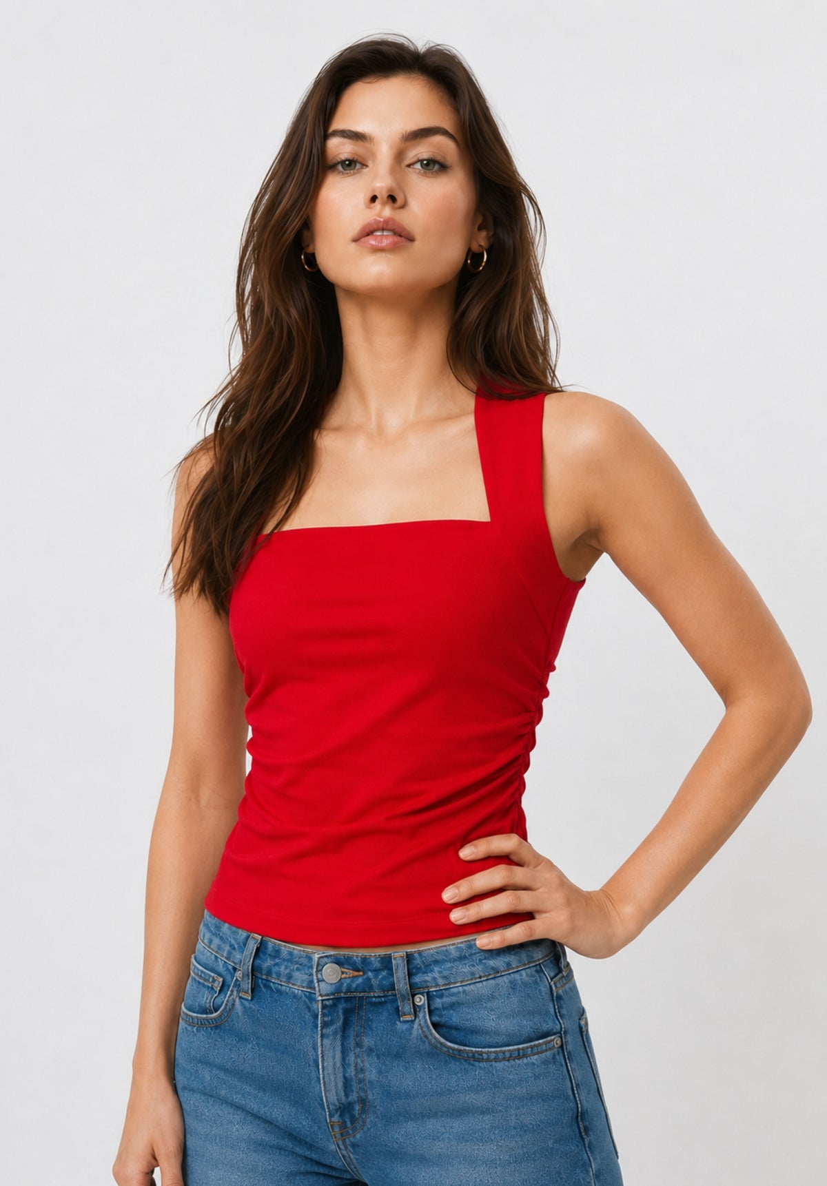 Red Square Neck Cotton Top view 3