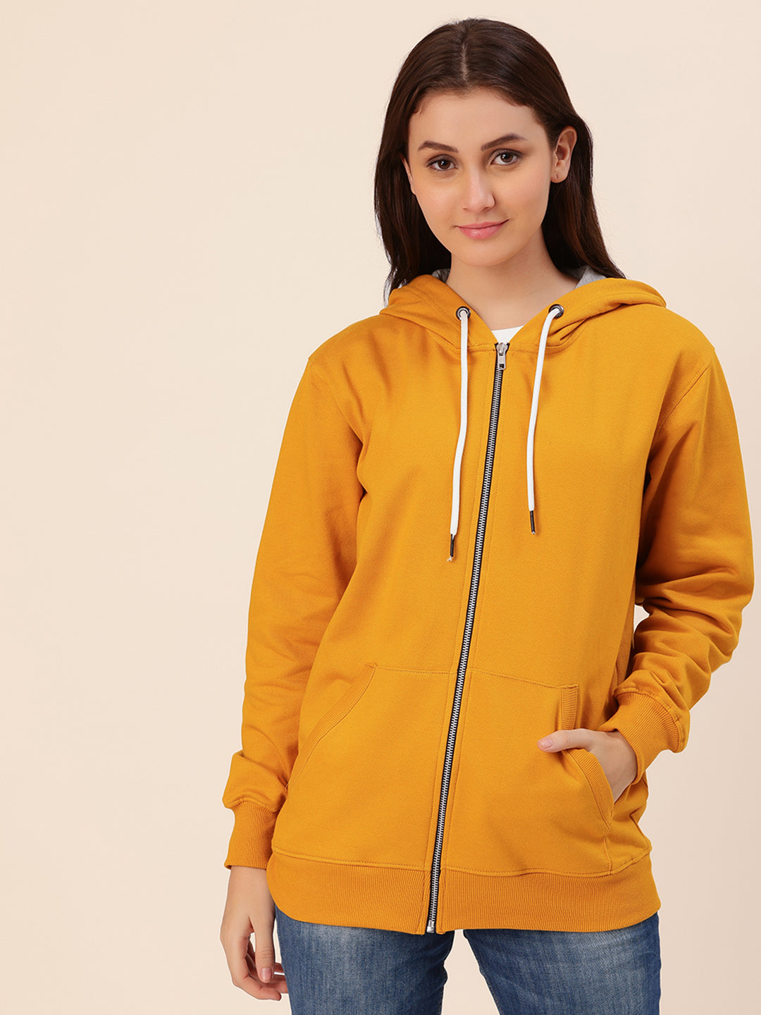 Front view of mustard cotton fleece hoodie jacket for women