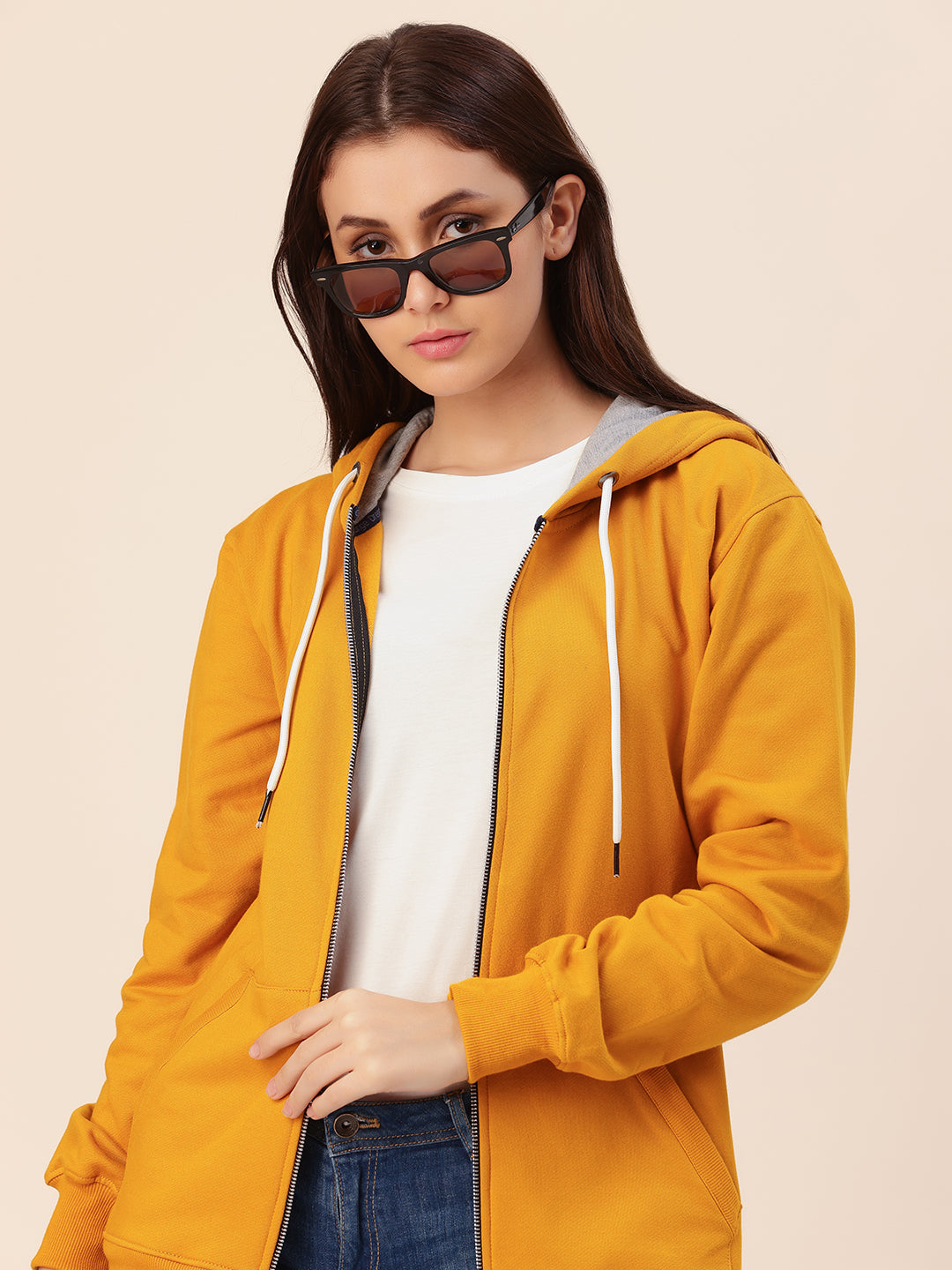 Back view of mustard cotton fleece hoodie jacket