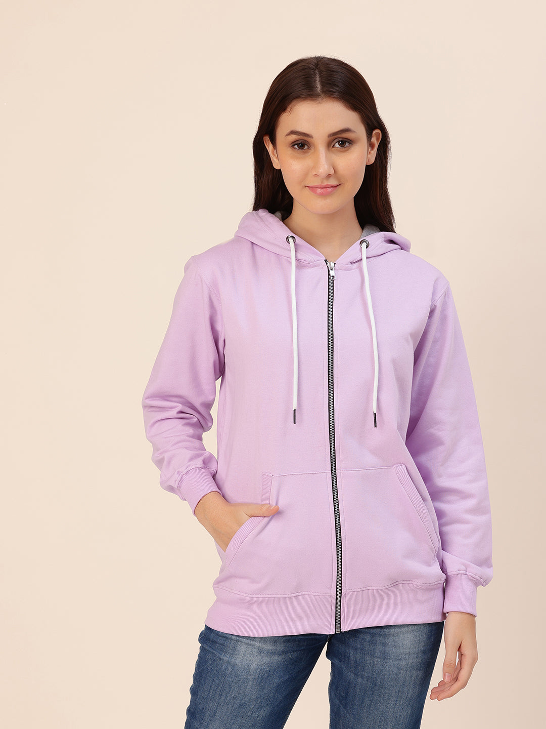 Close-up of hood and ribbed cuffs on lavender hoodie