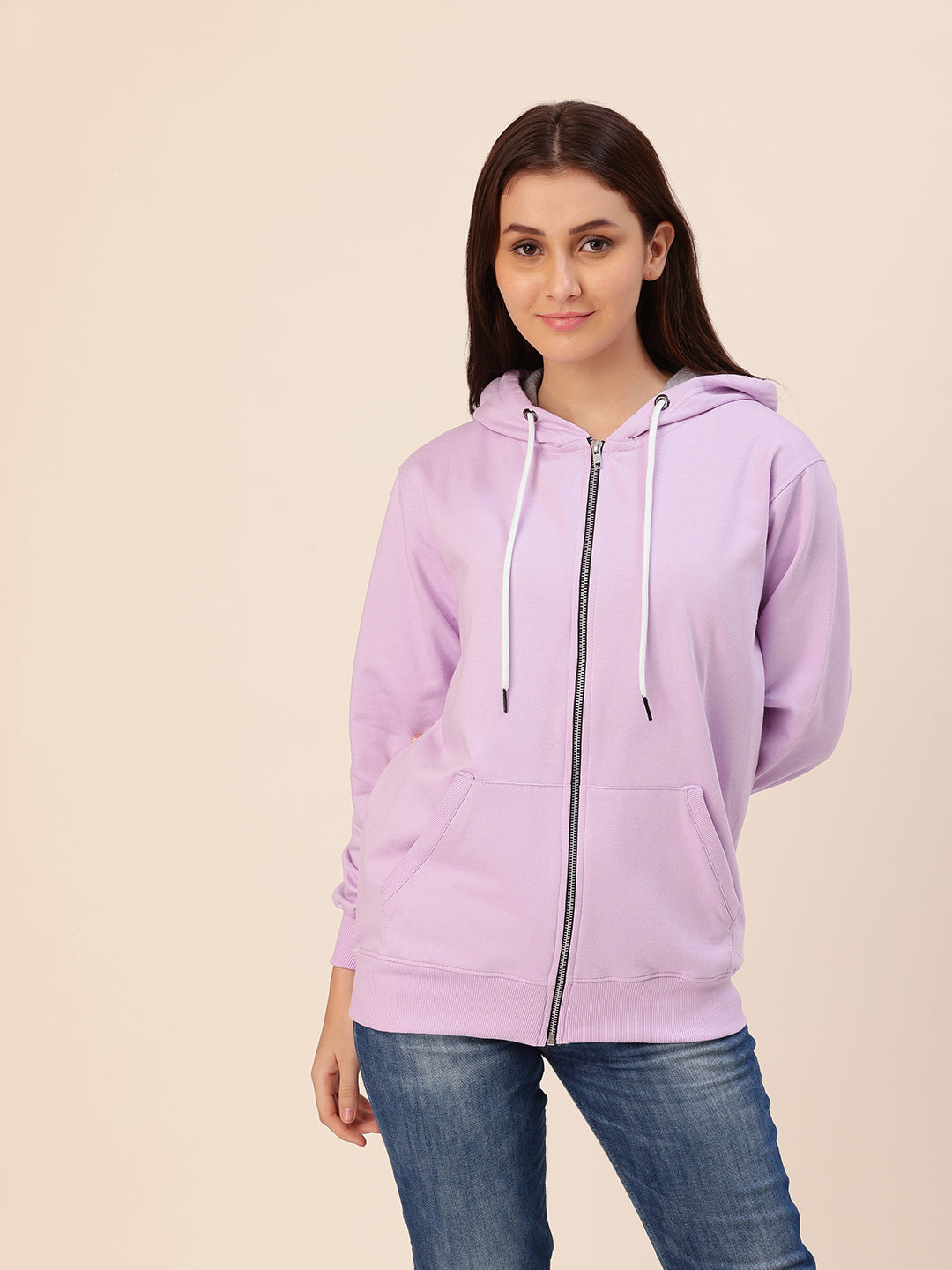 Back view of lavender cotton fleece hoodie jacket