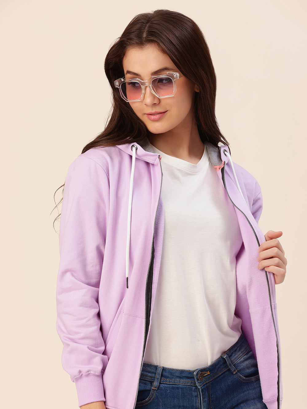 Side view of lavender hoodie with relaxed loose fit