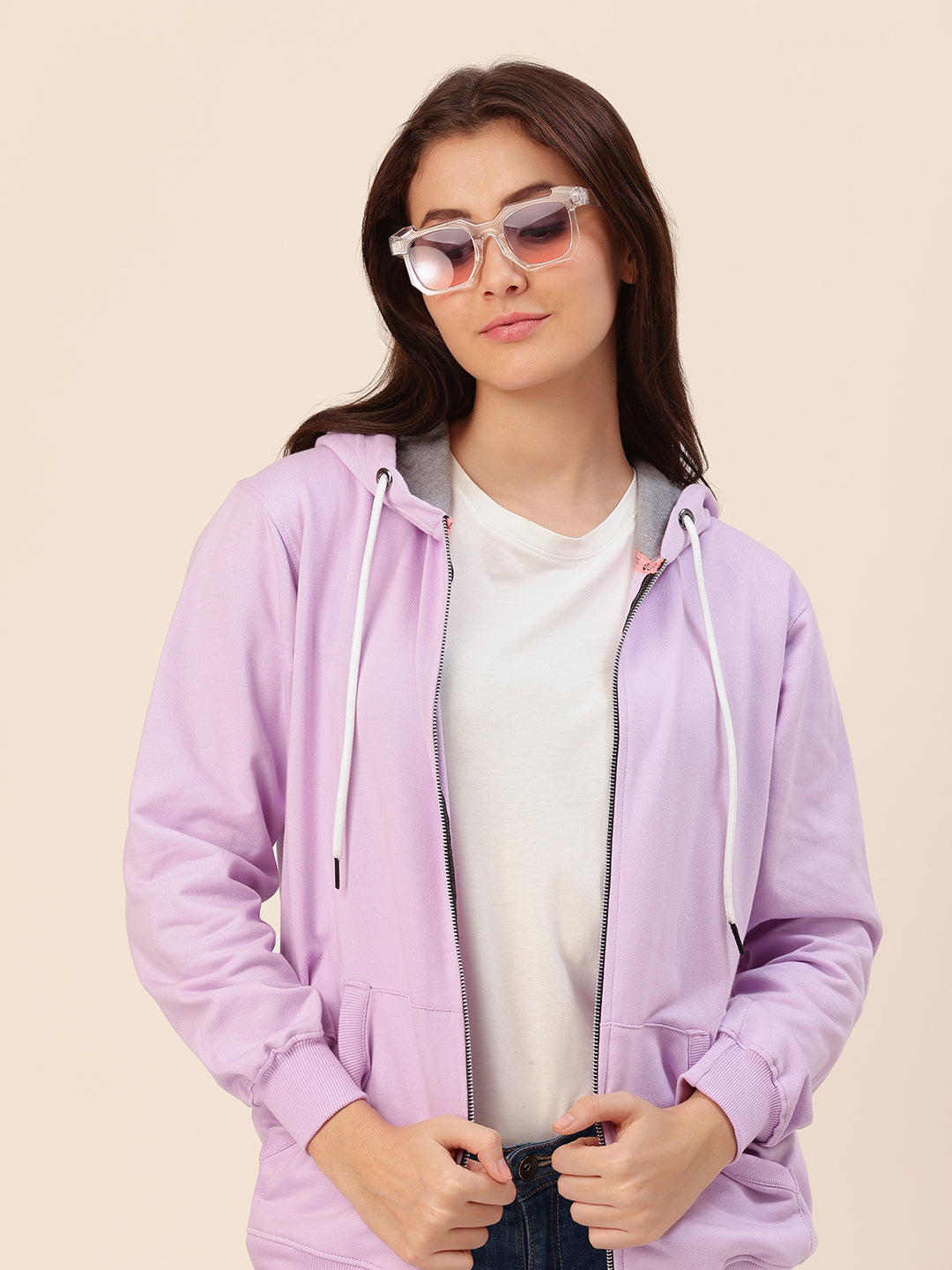 Front view of lavender cotton fleece hoodie jacket for women