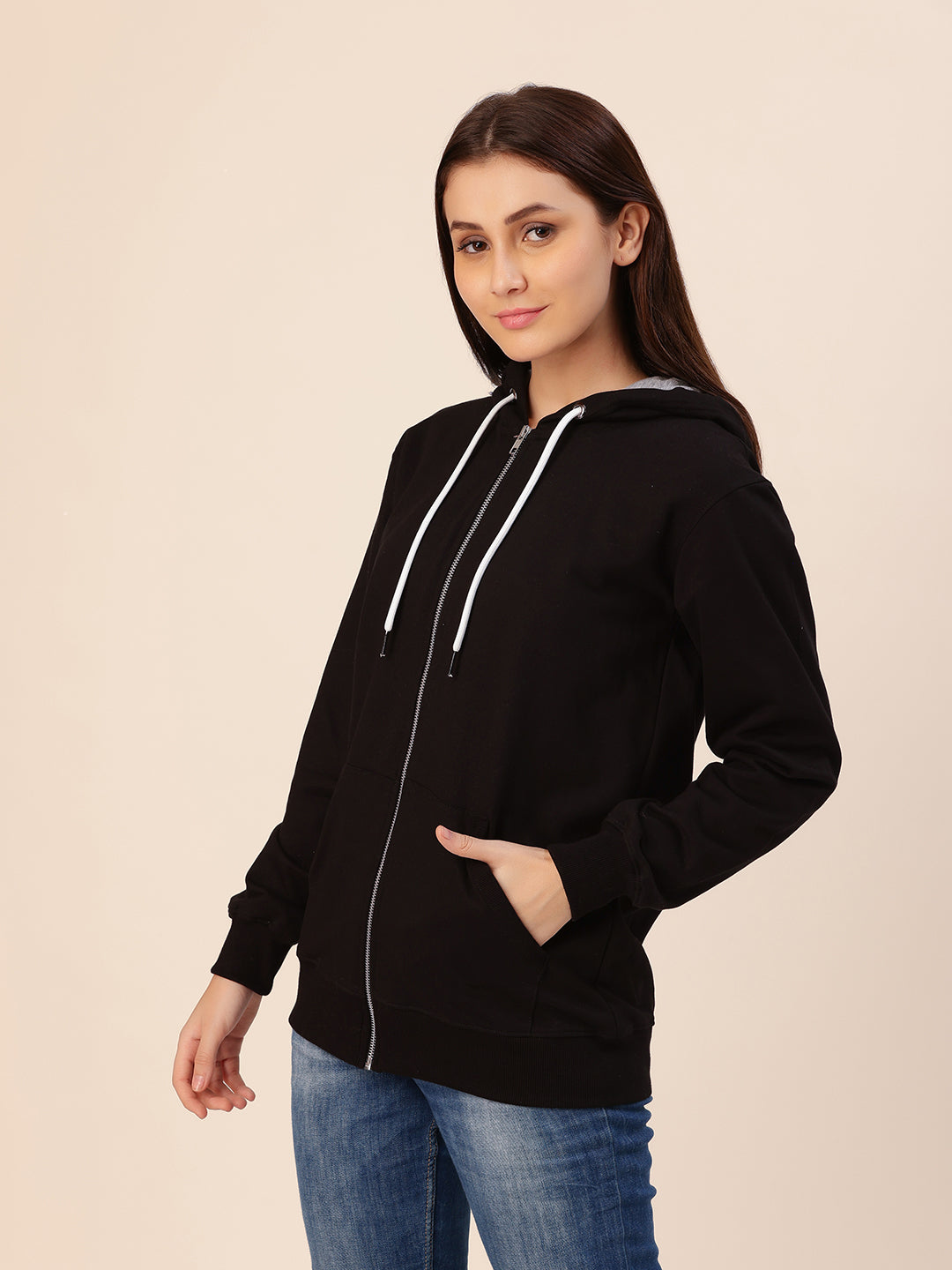 Back view of black cotton fleece hoodie jacket
