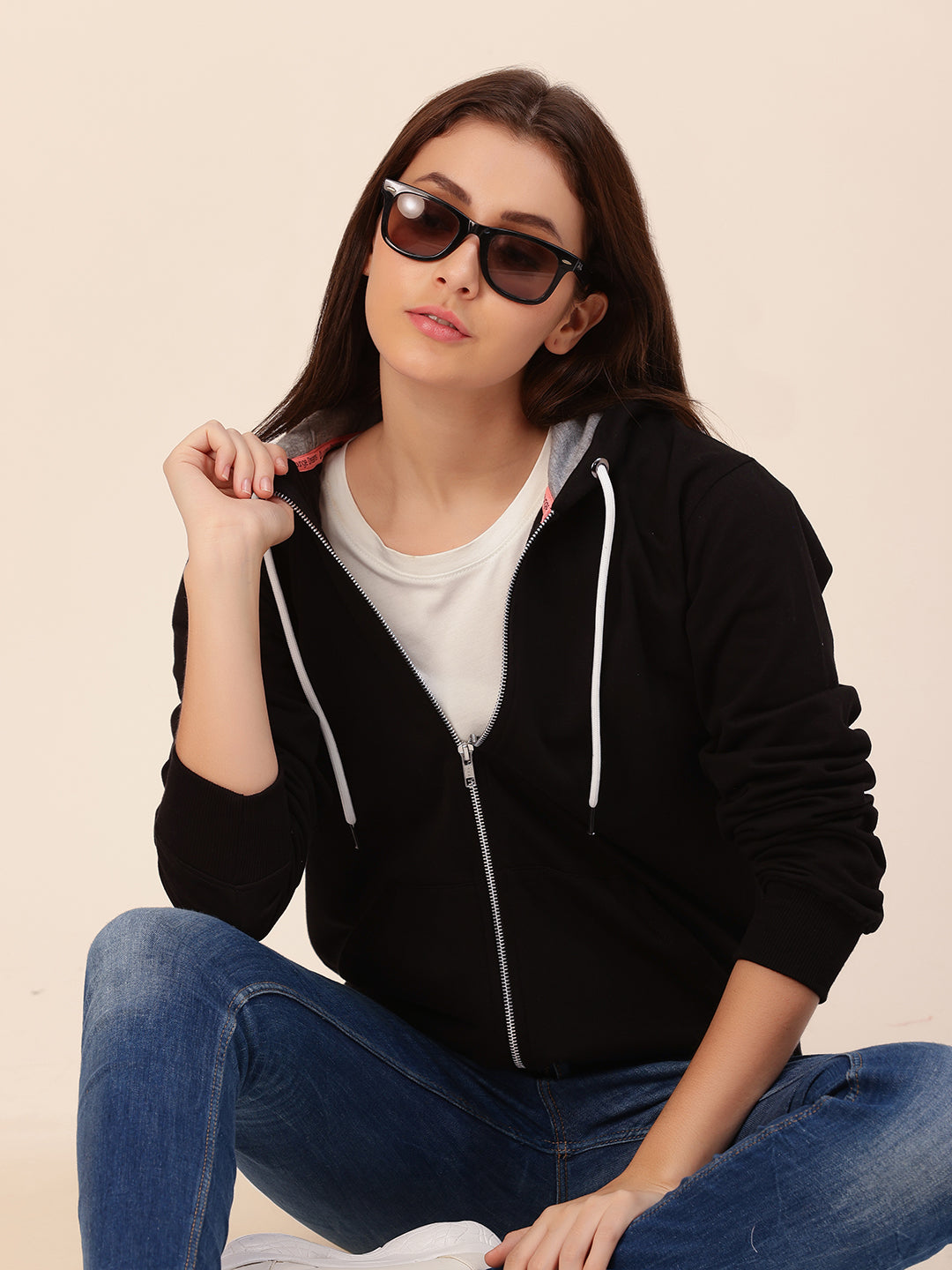 Front view of black cotton fleece hoodie jacket for women