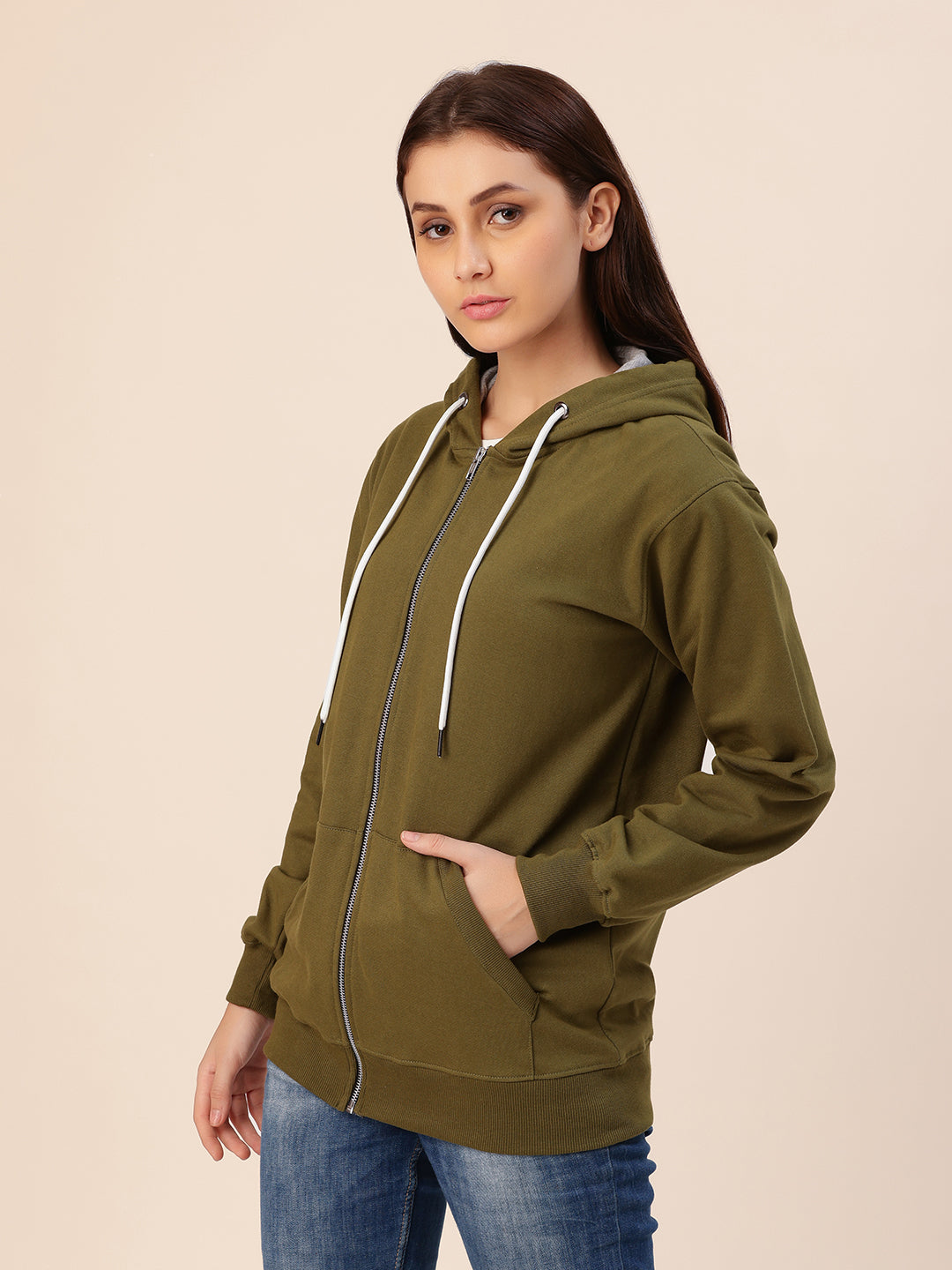 Back view of olive cotton fleece hoodie jacket