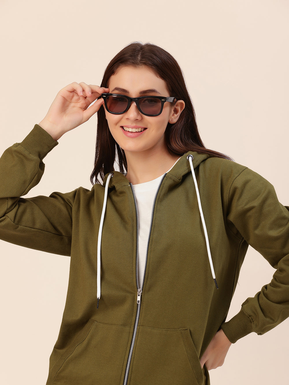 Side view of olive hoodie with relaxed loose fit