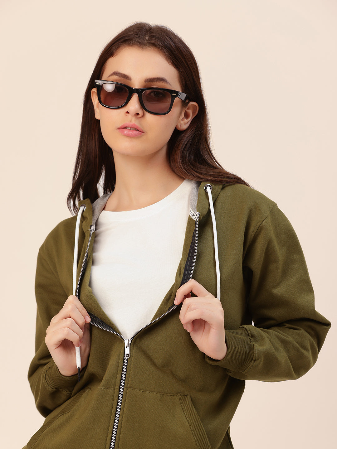 Front view of olive cotton fleece hoodie jacket for women