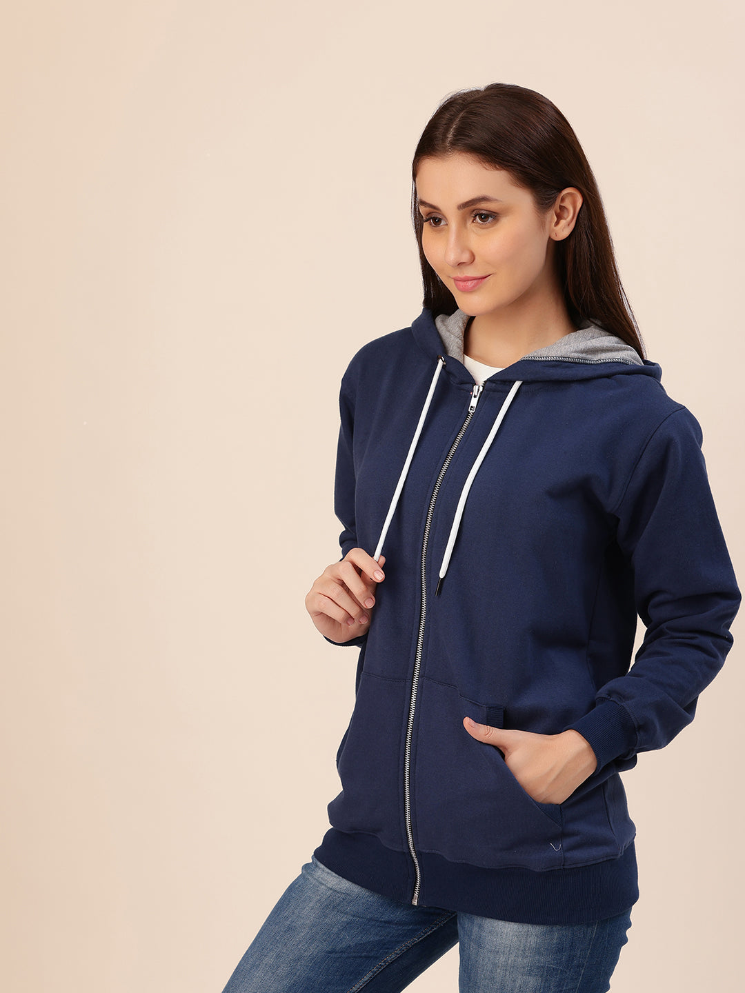 Back view of navy cotton fleece hoodie jacket